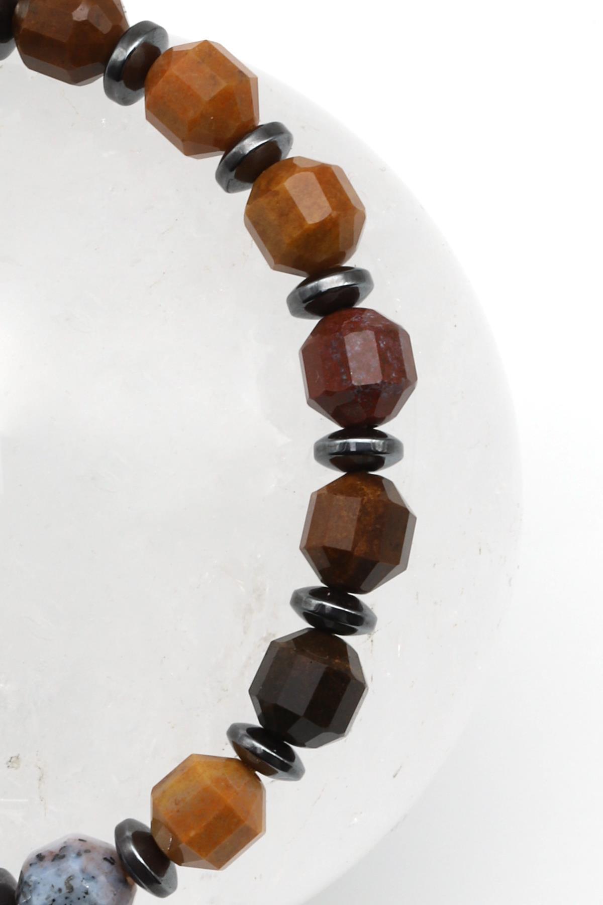 Ocean Jasper Doğal Taş Makrome Örme Bileklik Hexagonal Kesim