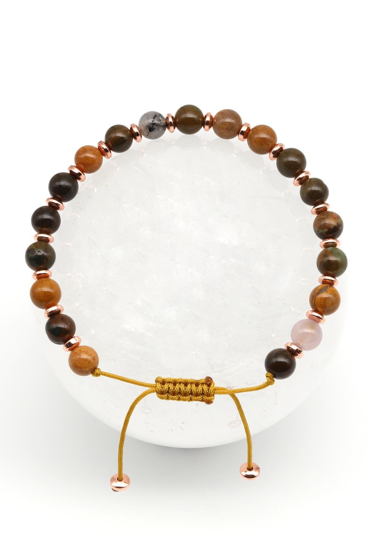 Ocean Jasper - Hematit Doğal Taş Makrome Örme Bileklik Küre Kesim