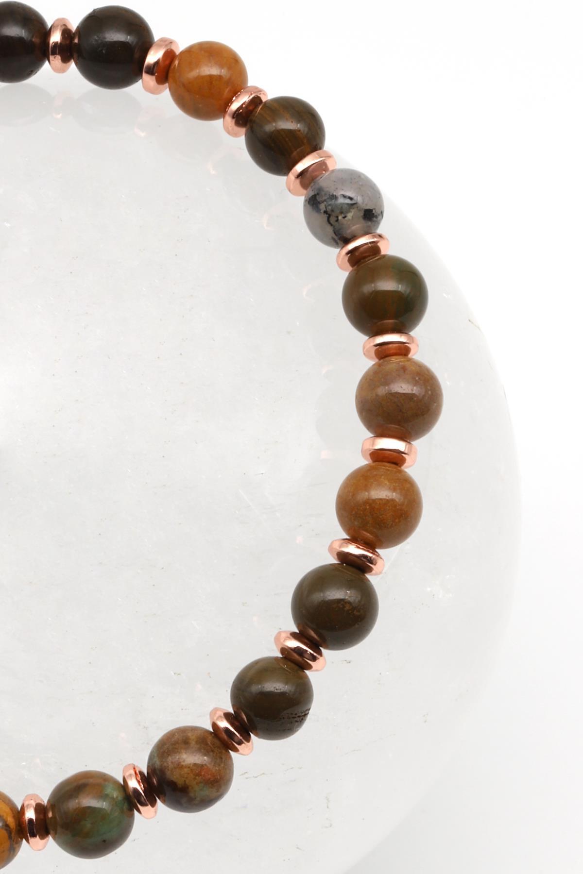 Ocean Jasper - Hematit Doğal Taş Makrome Örme Bileklik Küre Kesim