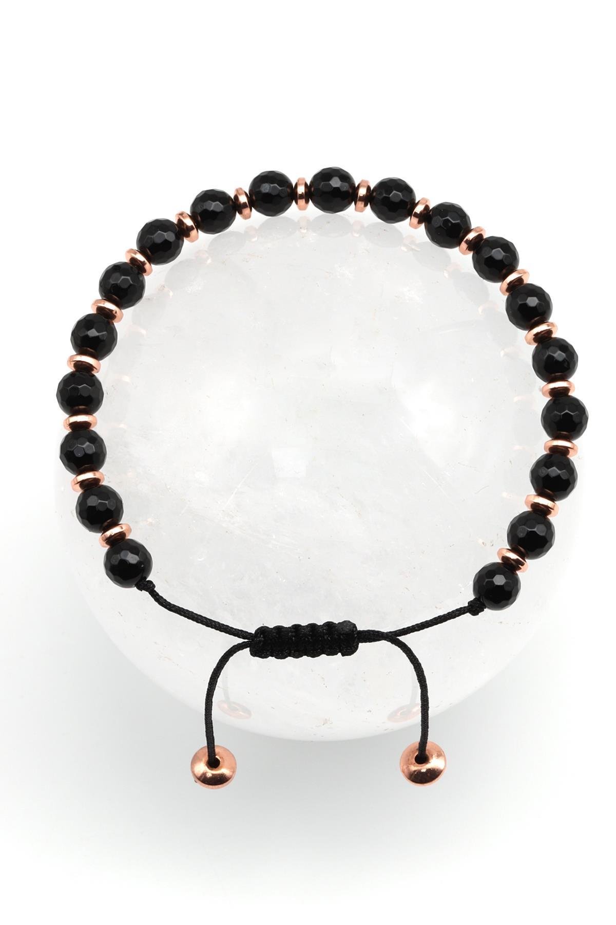 Oniks - Hematit Doğal Taş Makrome Örme Bileklik Fasetli Kesim