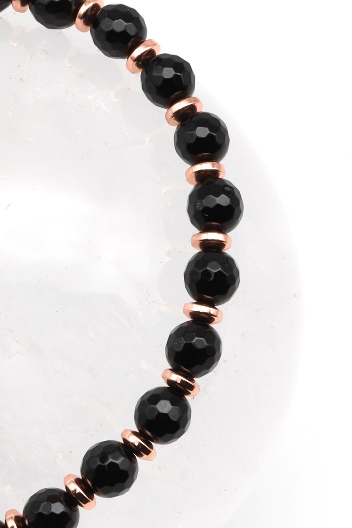 Oniks - Hematit Doğal Taş Makrome Örme Bileklik Fasetli Kesim