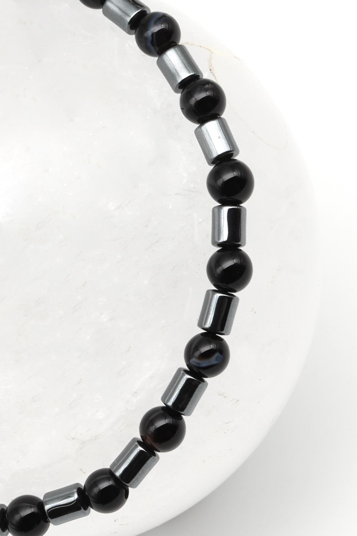 Oniks - Hematit Doğal Taş Makrome Örme Bileklik Küre Kesim