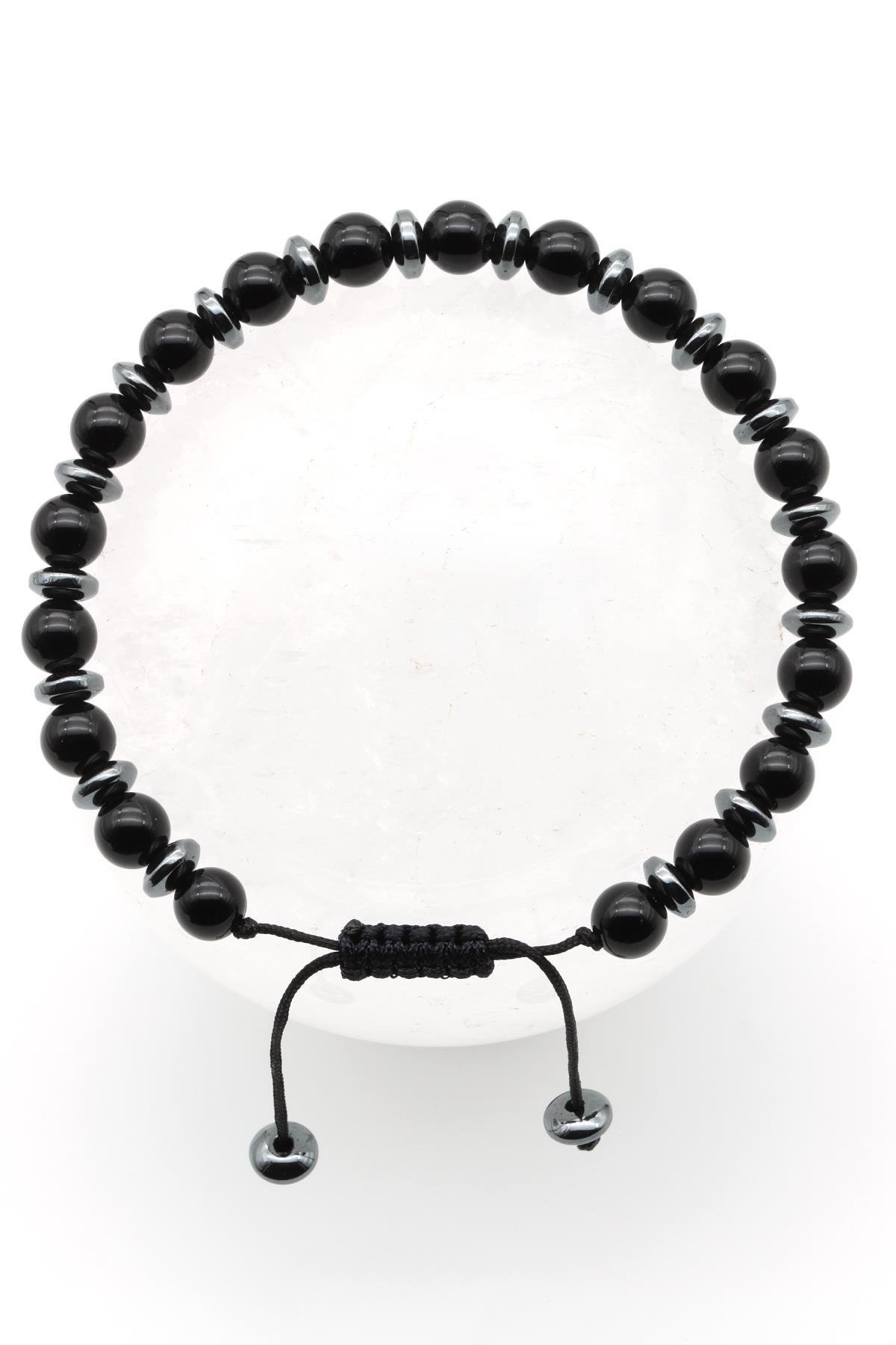 Oniks - Hematit Doğal Taş Makrome Örme Bileklik