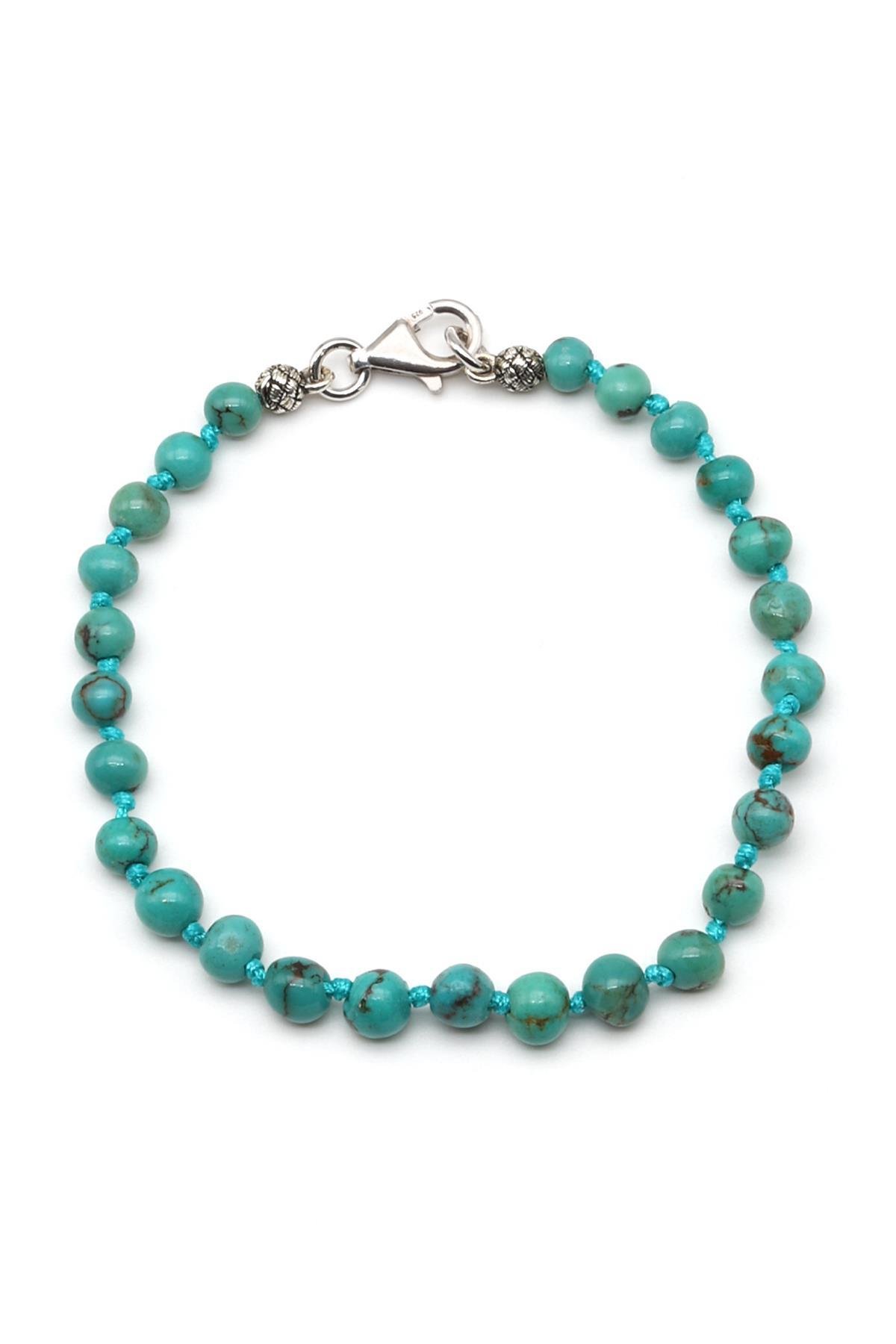 Orijinal Turkuaz Doğal Taş Gümüş Bileklik 5 mm Küre Kesim