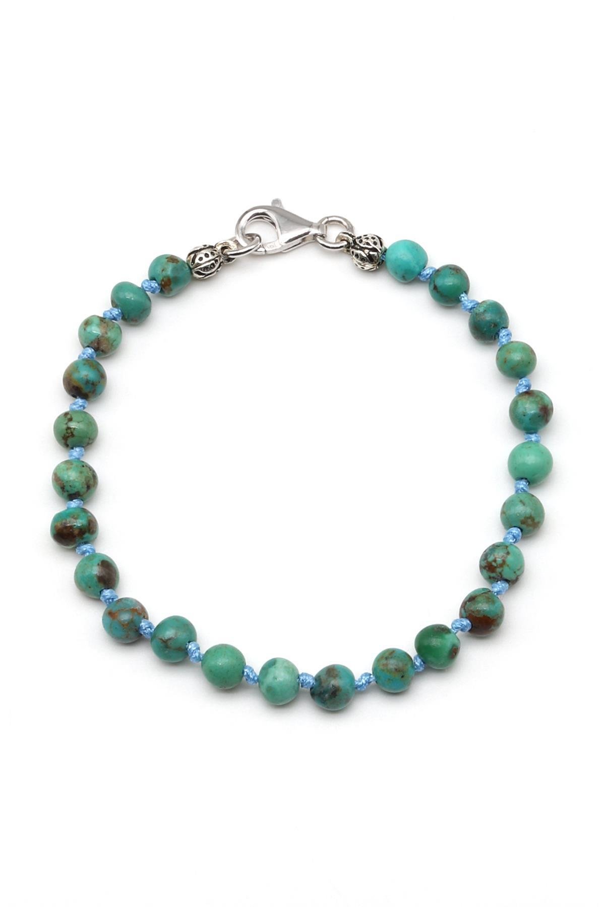 Orijinal Turkuaz Doğal Taş Gümüş Bileklik 5 mm Küre Kesim