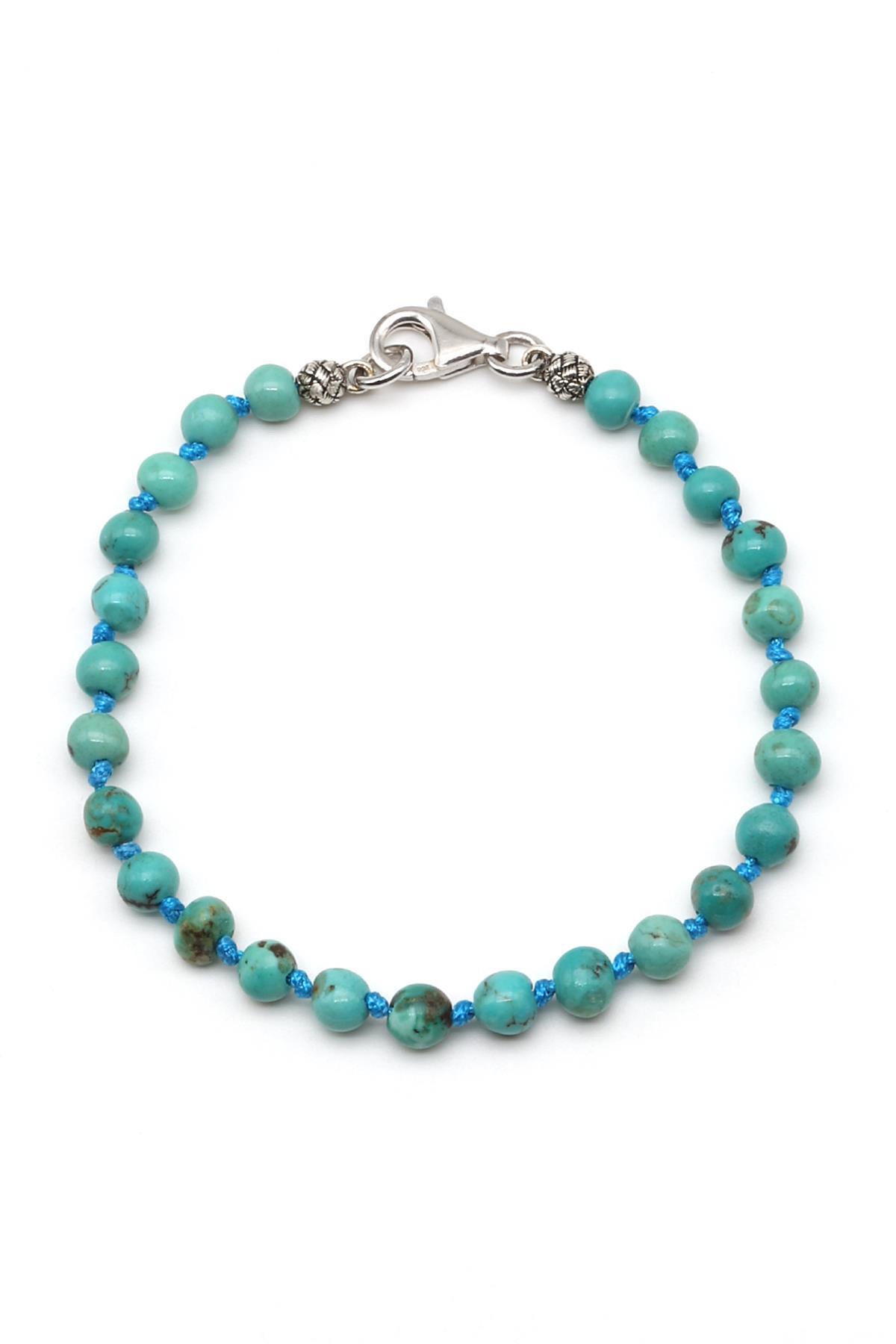 Orijinal Turkuaz Doğal Taş Gümüş Bileklik 5 mm Küre Kesim