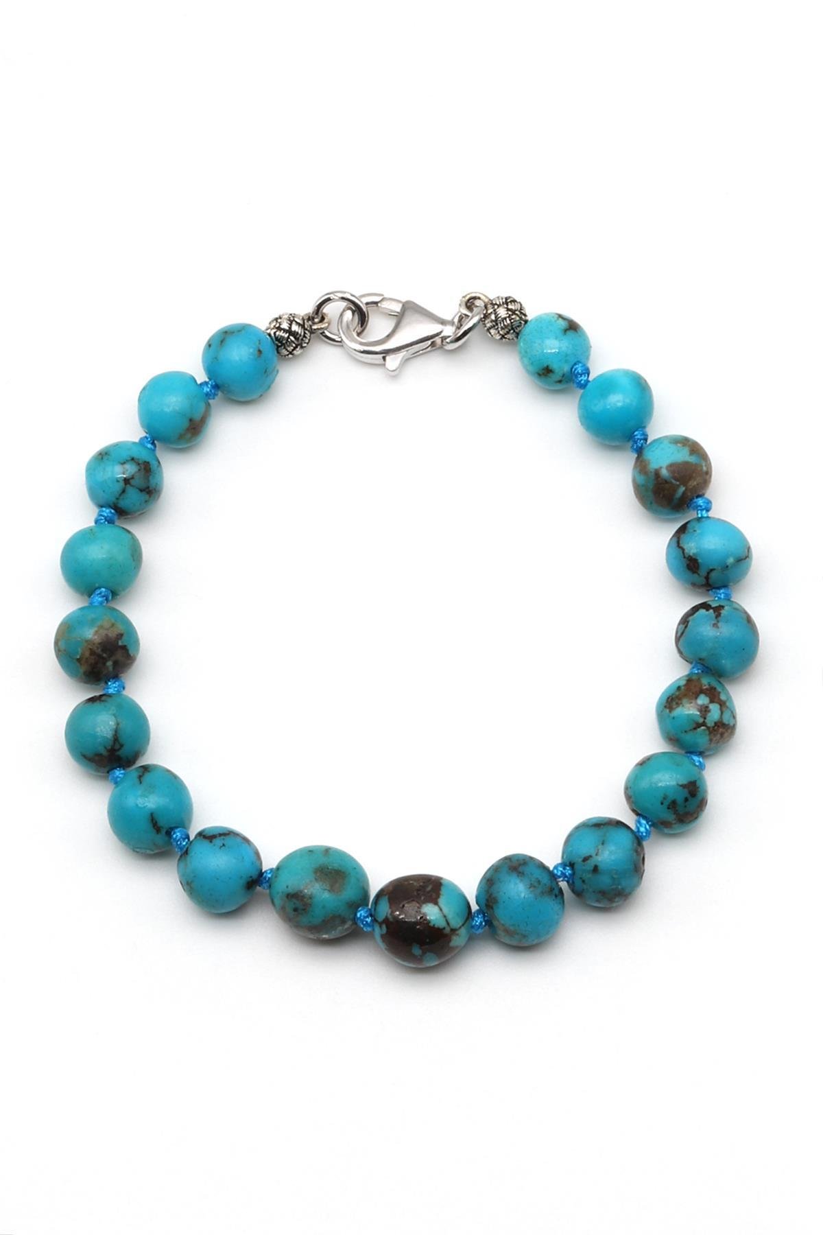 Orijinal Turkuaz Doğal Taş Gümüş Bileklik 7 mm Küre Kesim