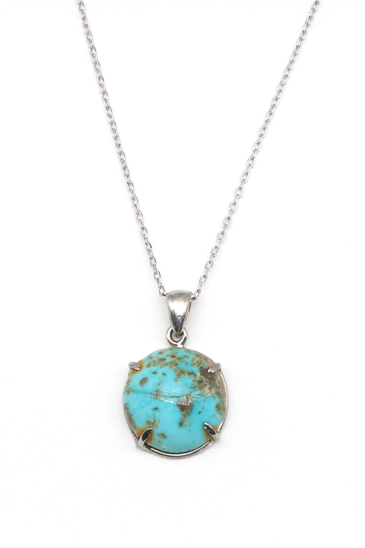 Orjinal Turkuaz Doğal Taş 925 Ayar Gümüş Kolye