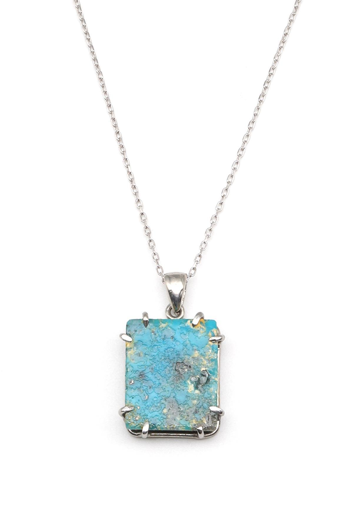 Orjinal Turkuaz Doğal Taş 925 Ayar Gümüş Kolye