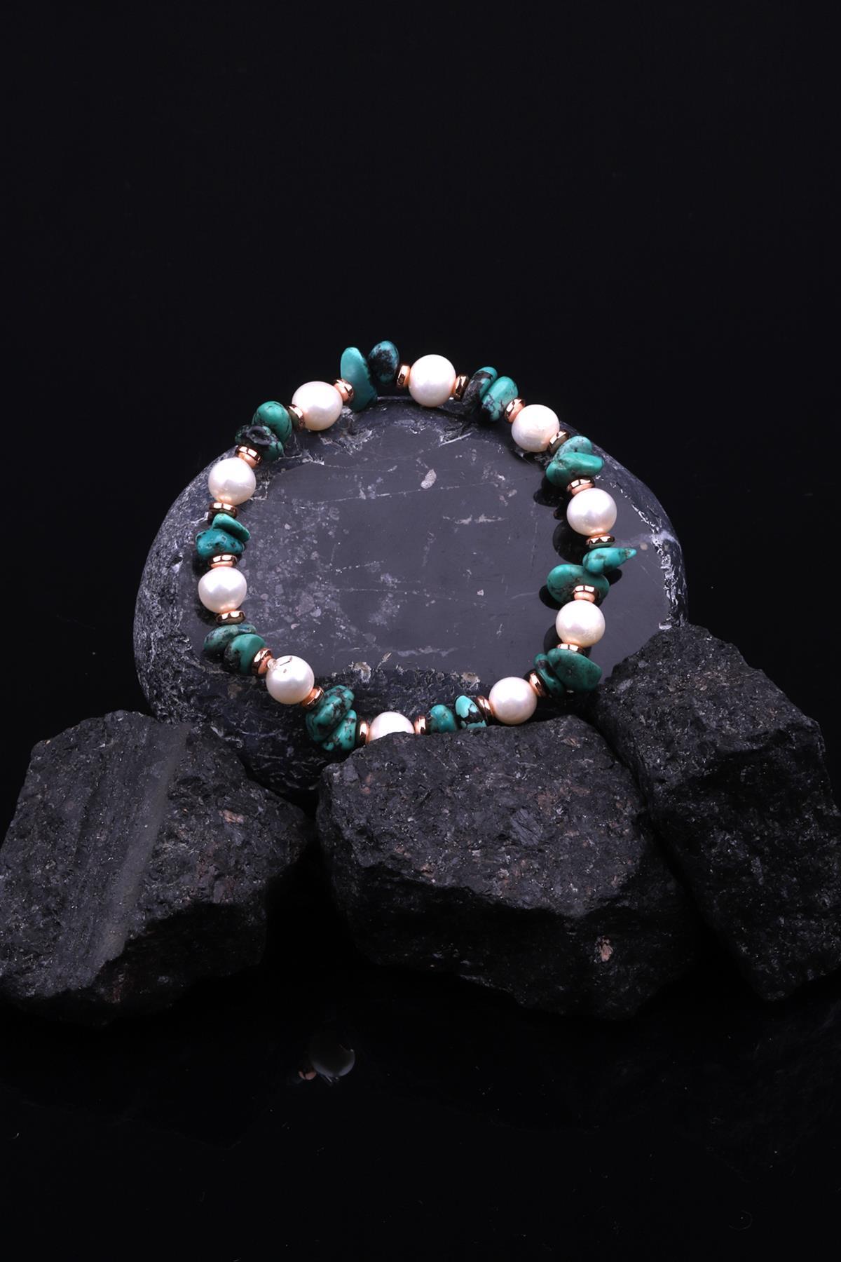 Orjinal Turkuaz - İnci - Hematit Doğal Taş Tasarım Bileklik 