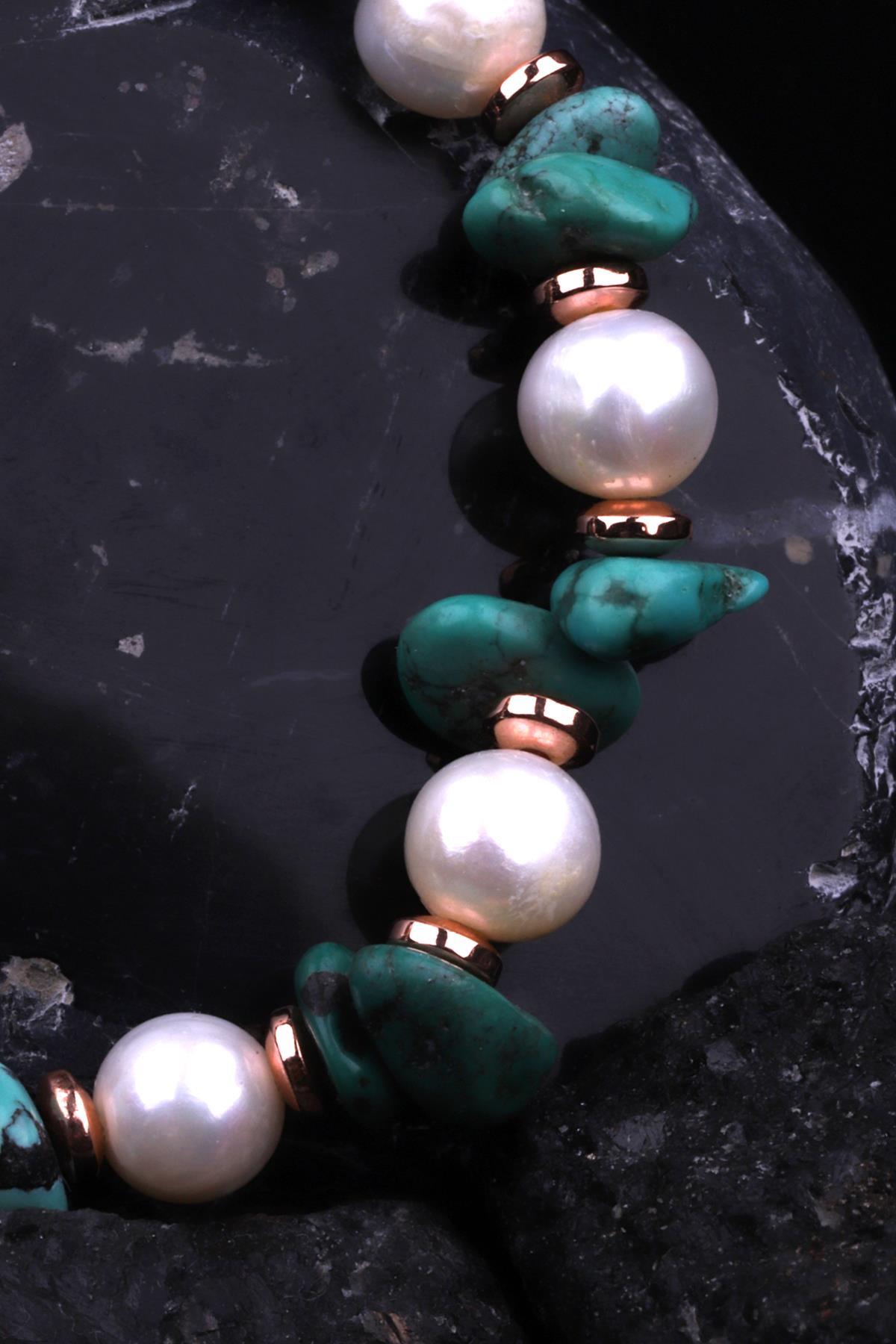 Orjinal Turkuaz - İnci - Hematit Doğal Taş Tasarım Bileklik 