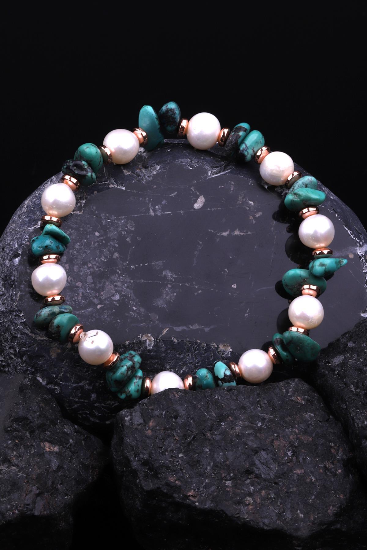 Orjinal Turkuaz - İnci - Hematit Doğal Taş Tasarım Bileklik 