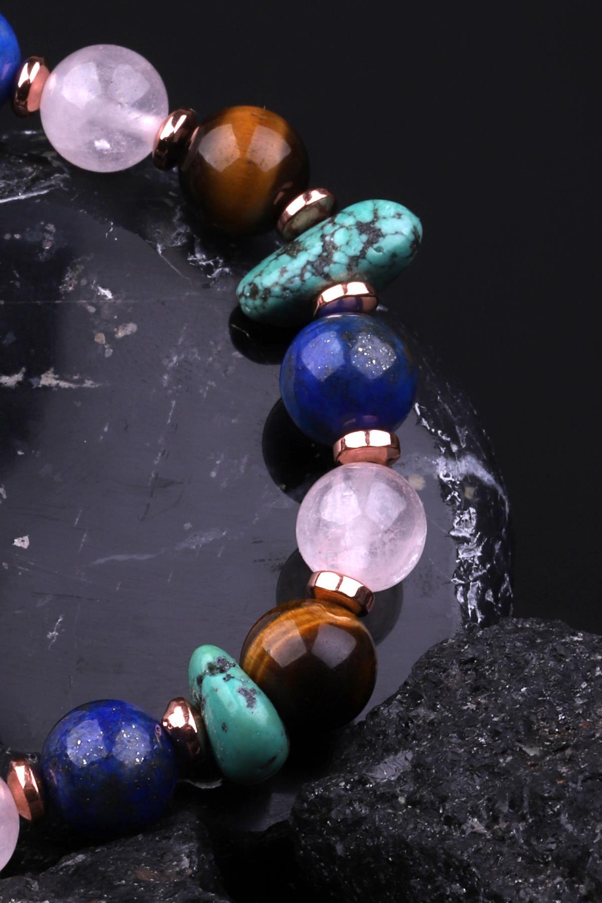 Orjinal Turkuaz - Kaplan Gözü - Pembe Kuvars - Lapis Lazuli - Hematit Doğal Taş Tasarım Bileklik 