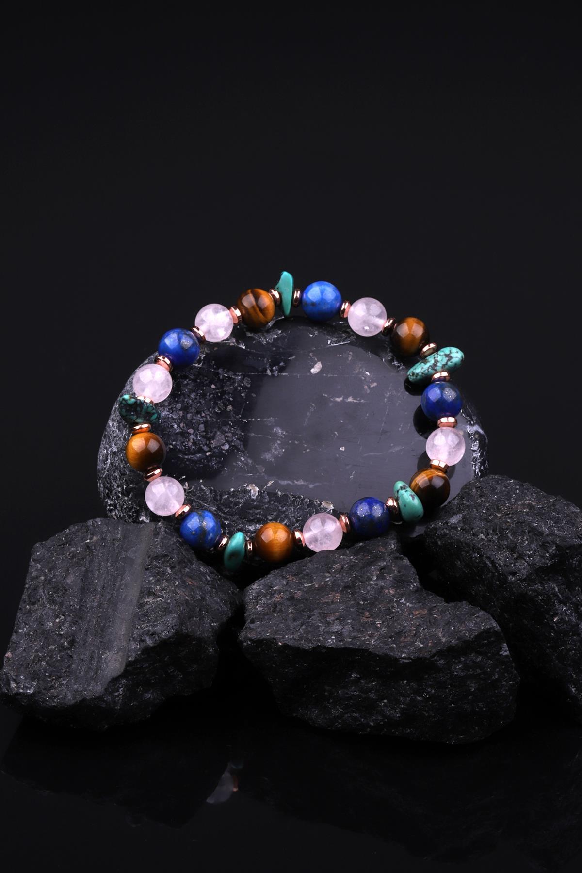 Orjinal Turkuaz - Kaplan Gözü - Pembe Kuvars - Lapis Lazuli - Hematit Doğal Taş Tasarım Bileklik 