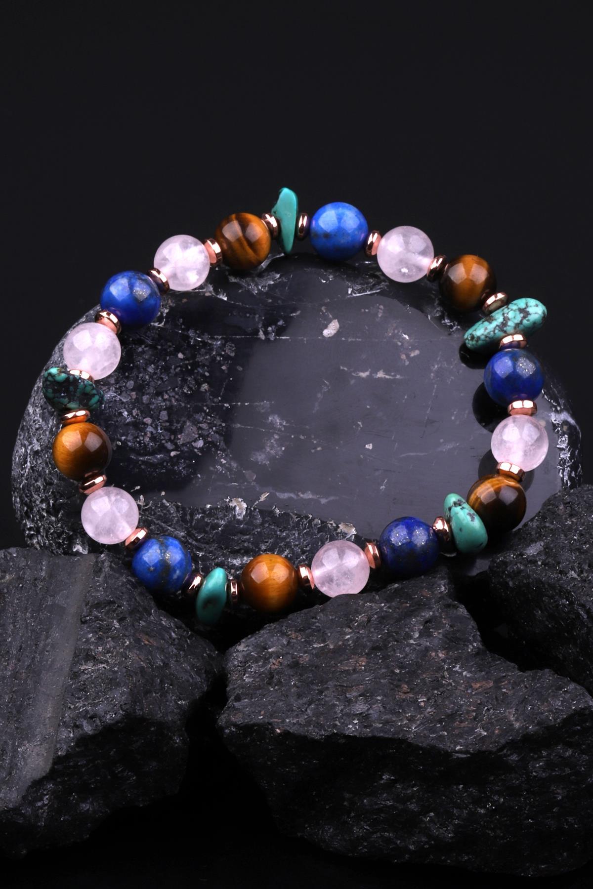 Orjinal Turkuaz - Kaplan Gözü - Pembe Kuvars - Lapis Lazuli - Hematit Doğal Taş Tasarım Bileklik 
