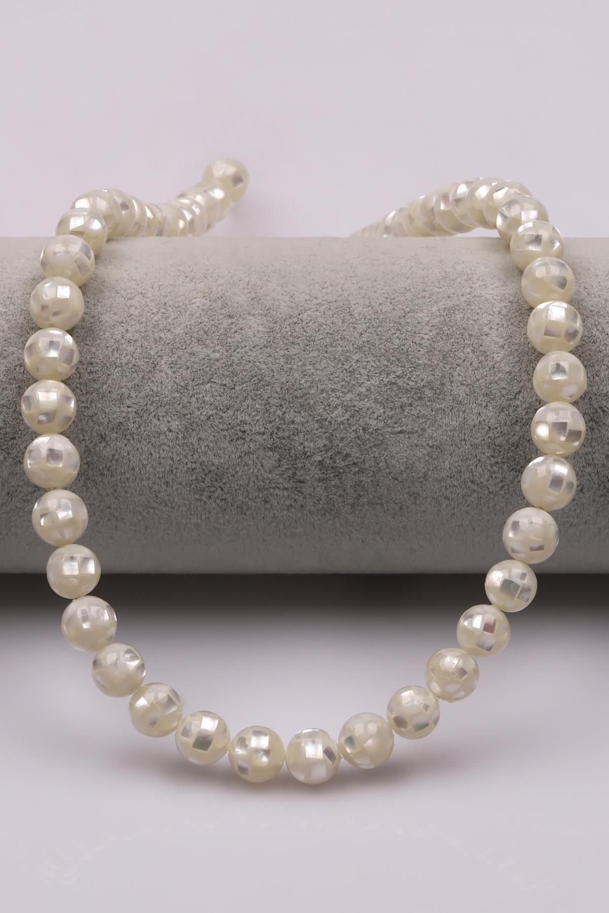 Özel İşçilikli Beyaz Abalon Sedef Doğaltaş Dizi 8 mm Küre Kesim