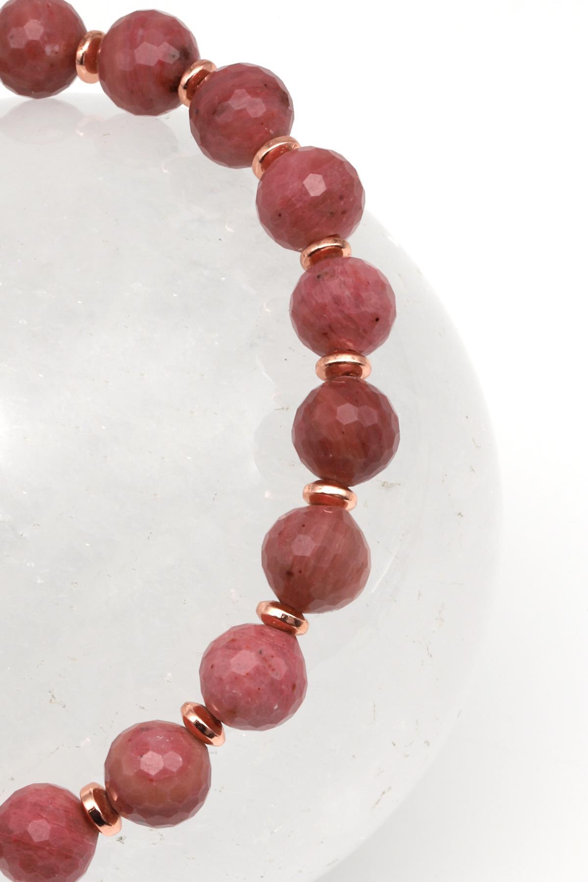 Pembe Jasper - Hematit Doğal Taş Makrome Örme Bileklik Fasetli Küre Kesim