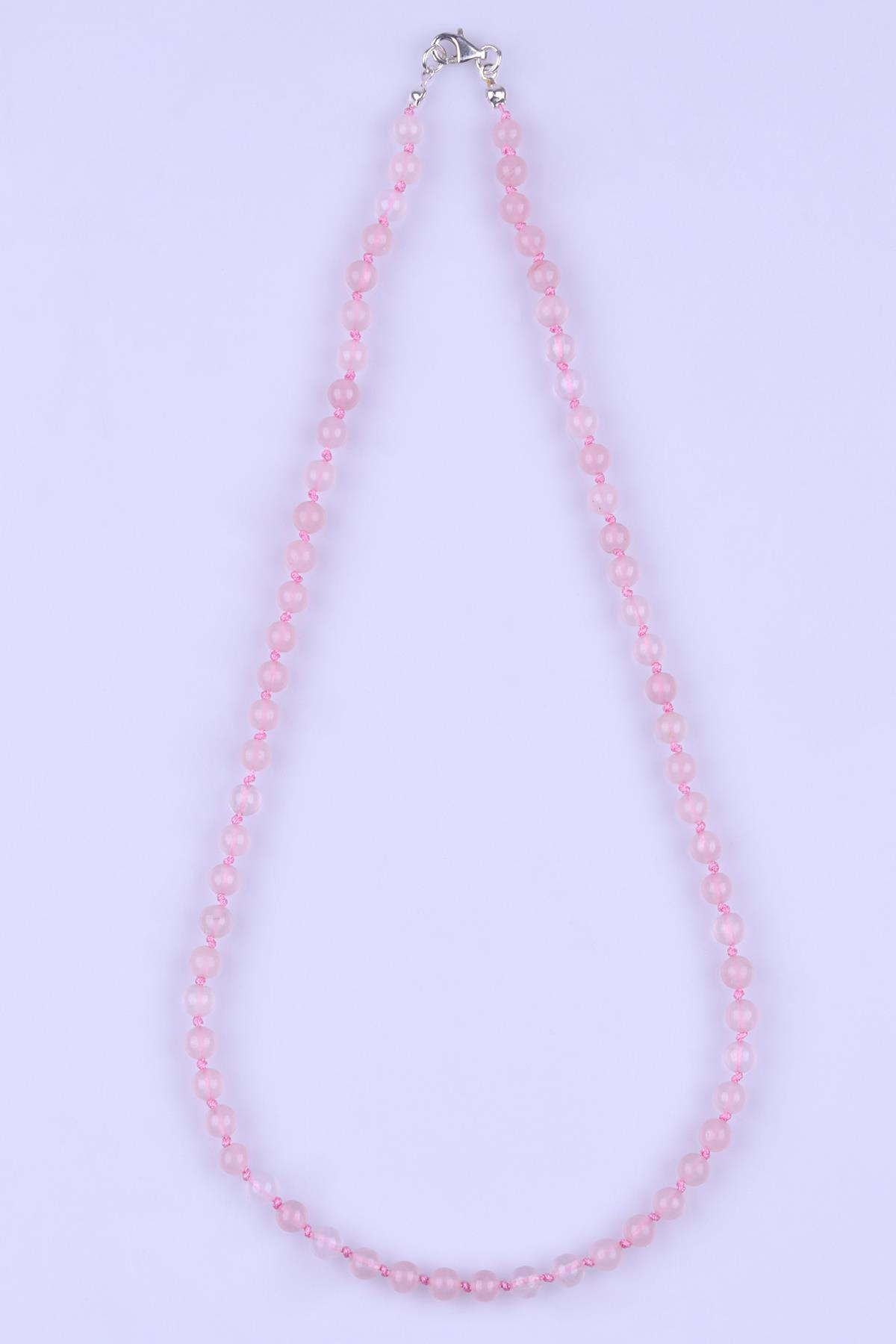 Pembe Kuvars Doğal Taş 6 mm Düğümlü Kolye