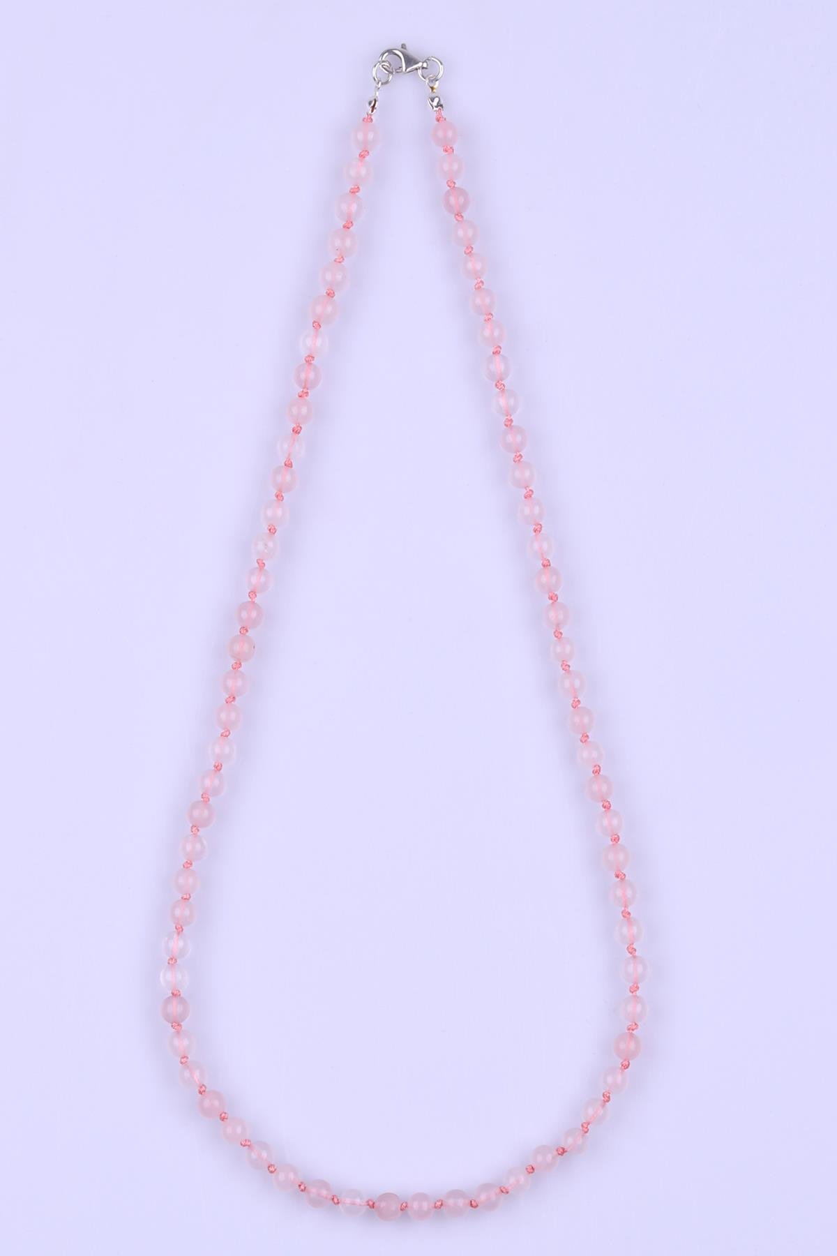 Pembe Kuvars Doğal Taş 6 mm Düğümlü Kolye