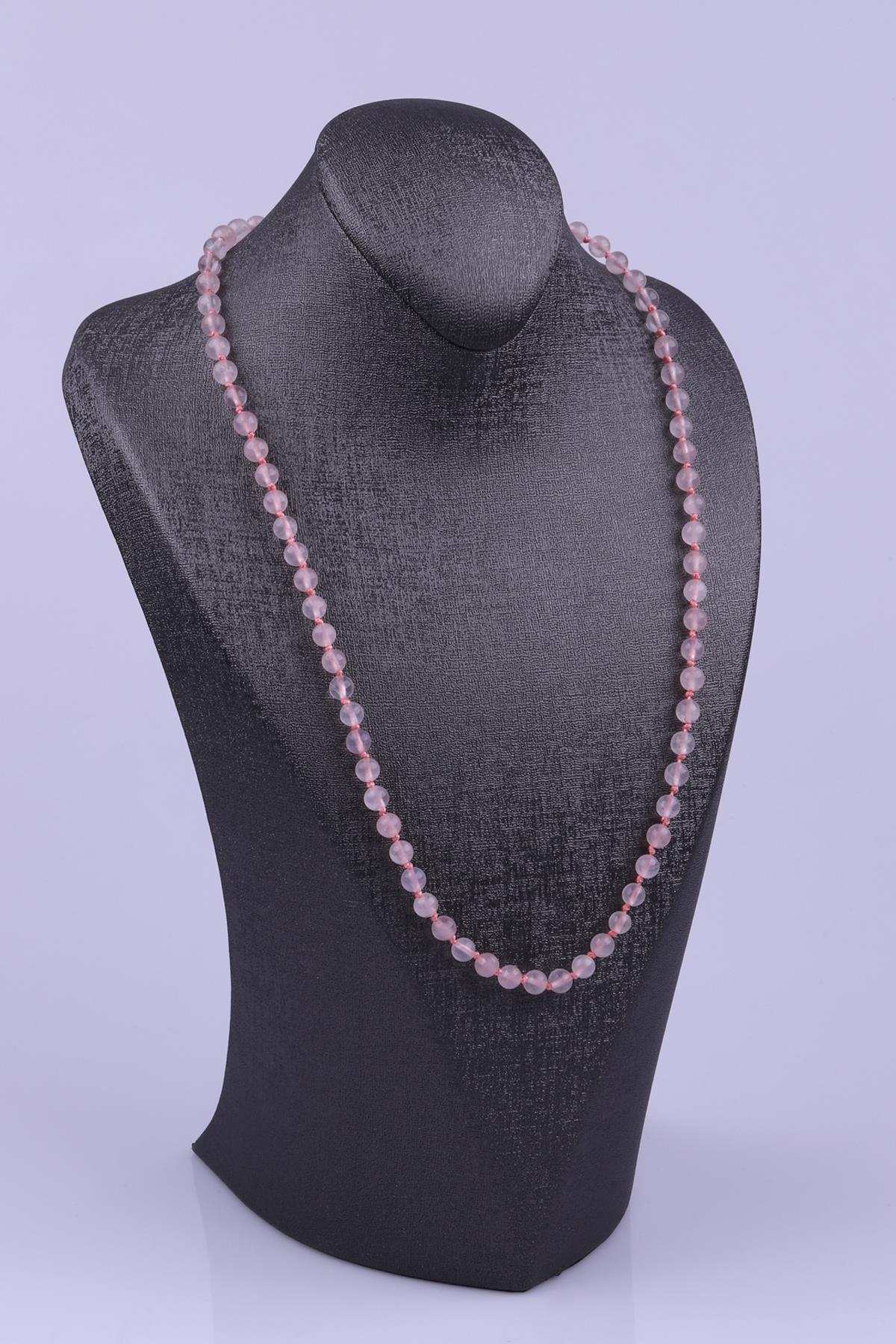 Pembe Kuvars Doğal Taş 6 mm Düğümlü Kolye