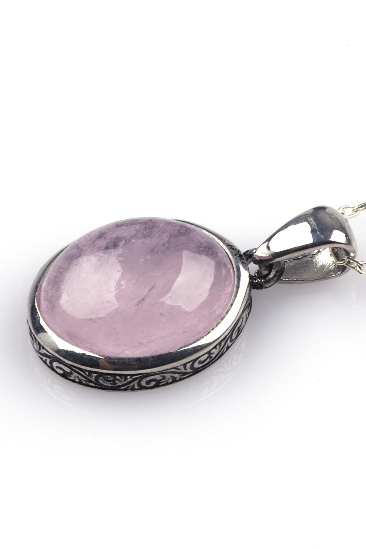 Pembe Kuvars Doğal Taş 925 Ayar Gümüş Kolye