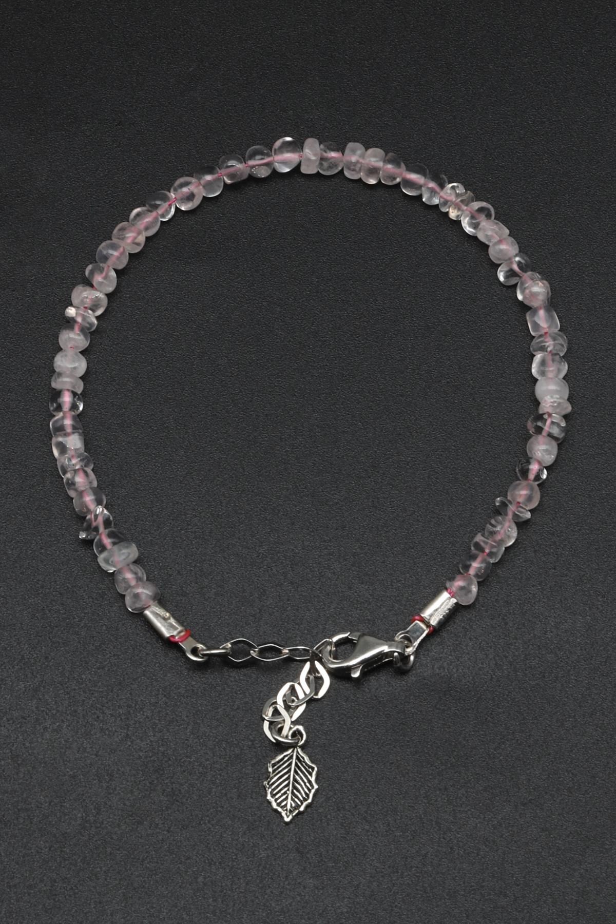 Pembe Kuvars Doğal Taş 925 Ayar Gümüş Bileklik 