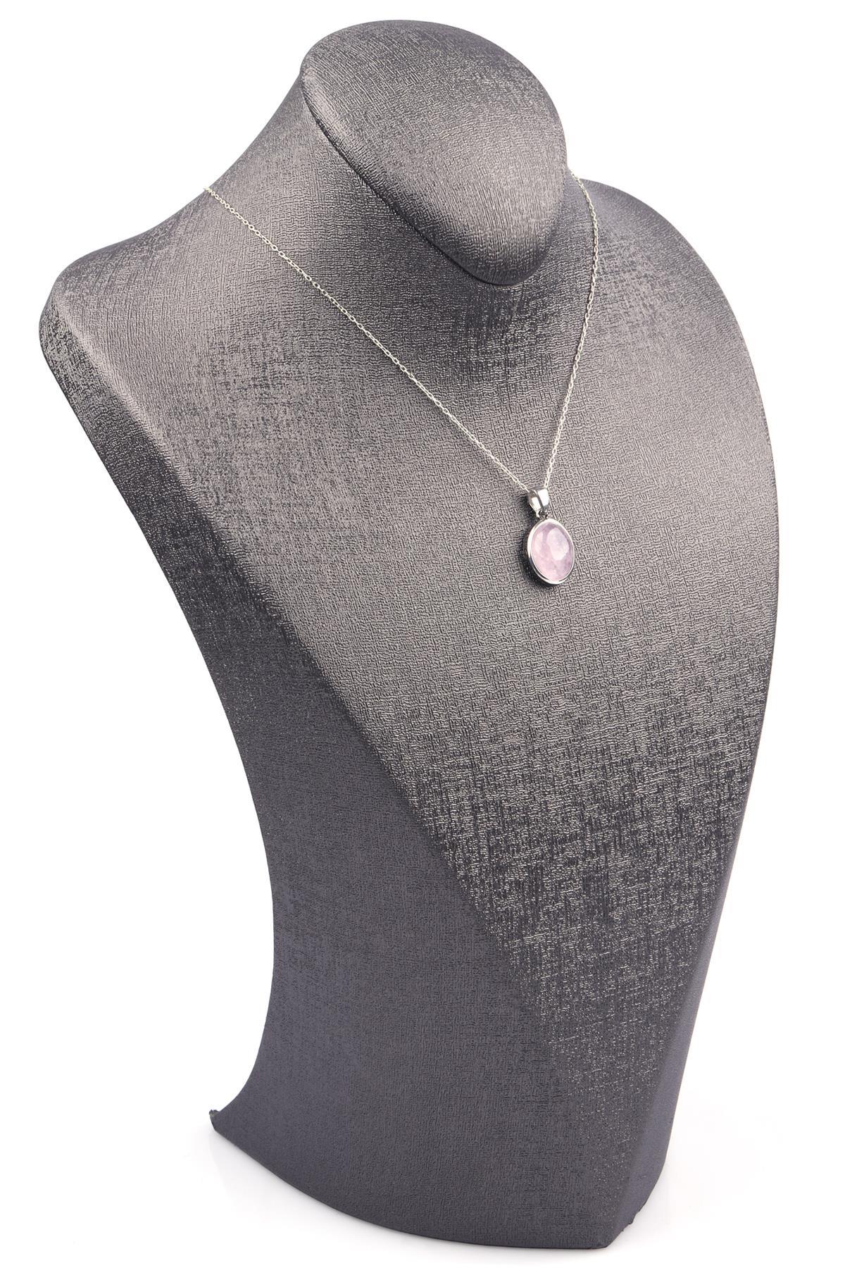 Pembe Kuvars Doğal Taş 925 Ayar Gümüş Kolye