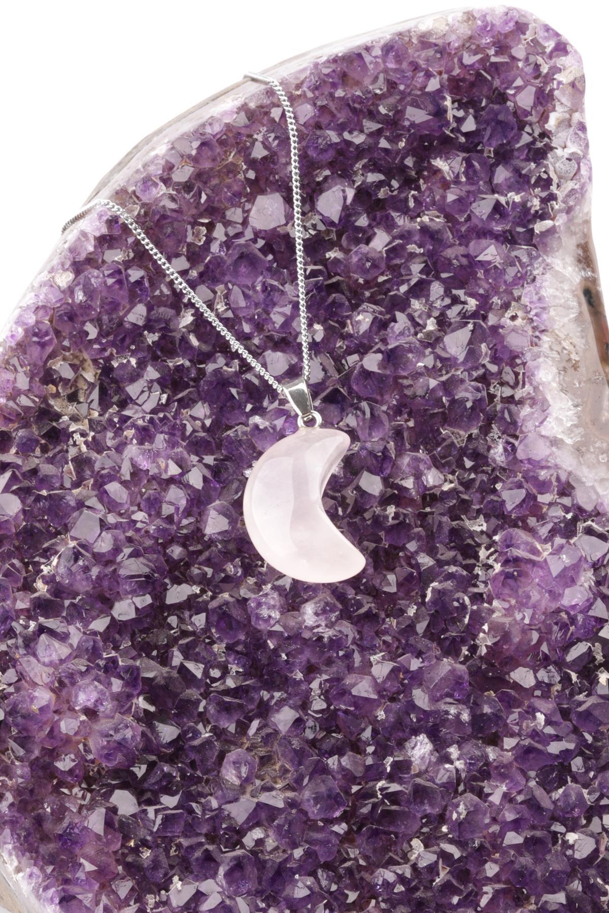 Pembe Kuvars Doğal Taş Ay Model Kolye