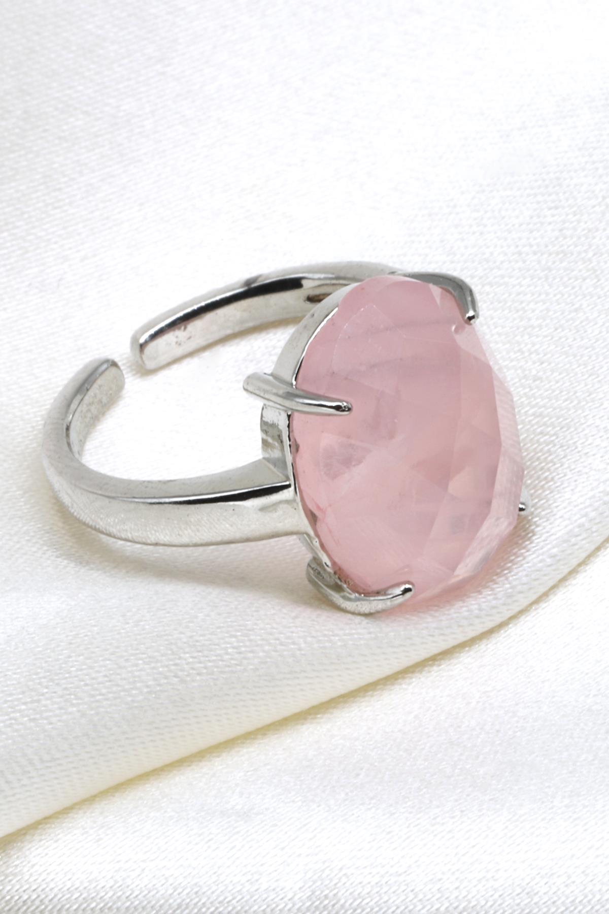 Pembe Kuvars Doğal Taş Ayarlaabilir Yüzük