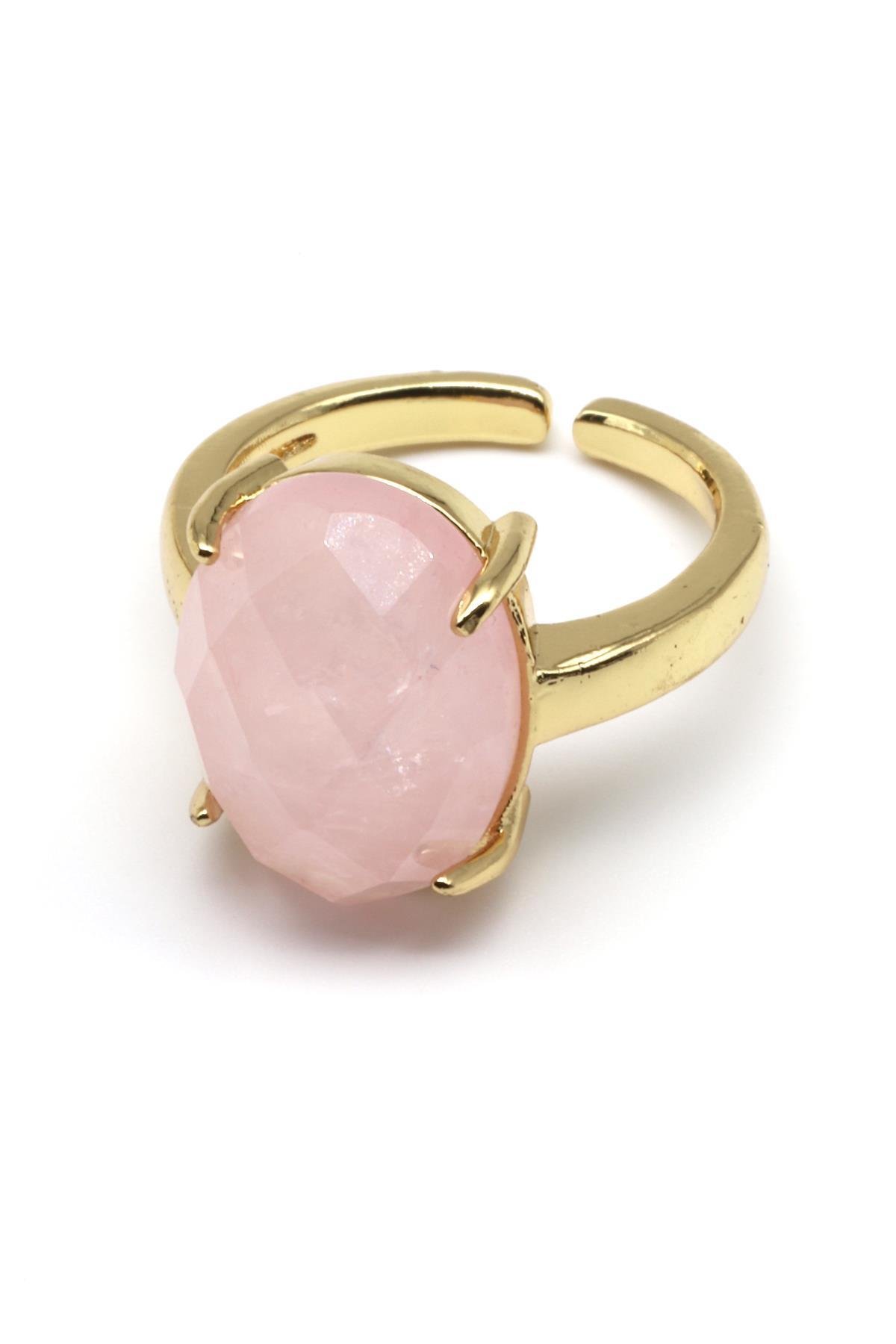 Pembe Kuvars Doğal Taş Ayarlanabilir Gold Renk Yüzük