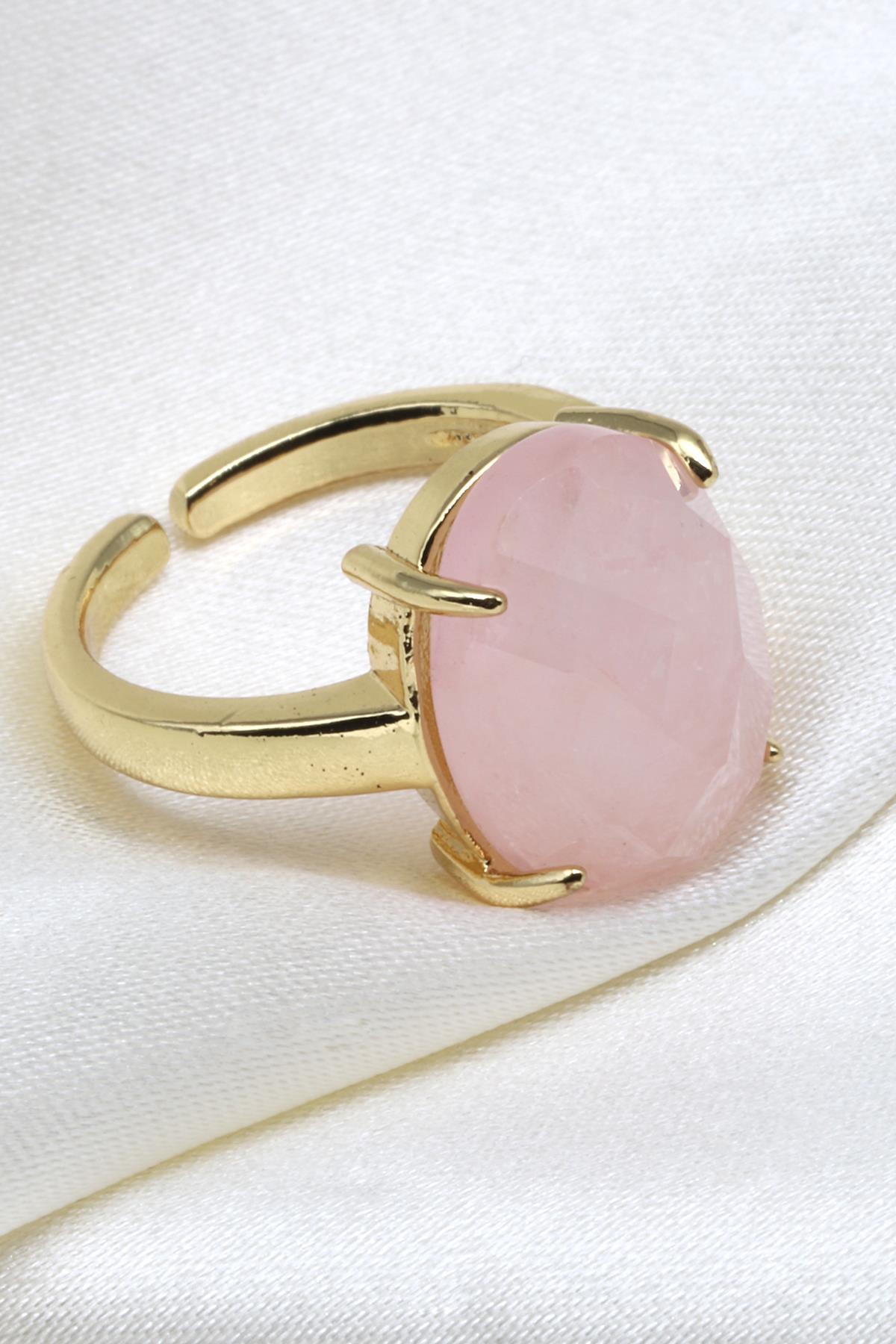 Pembe Kuvars Doğal Taş Ayarlanabilir Gold Renk Yüzük