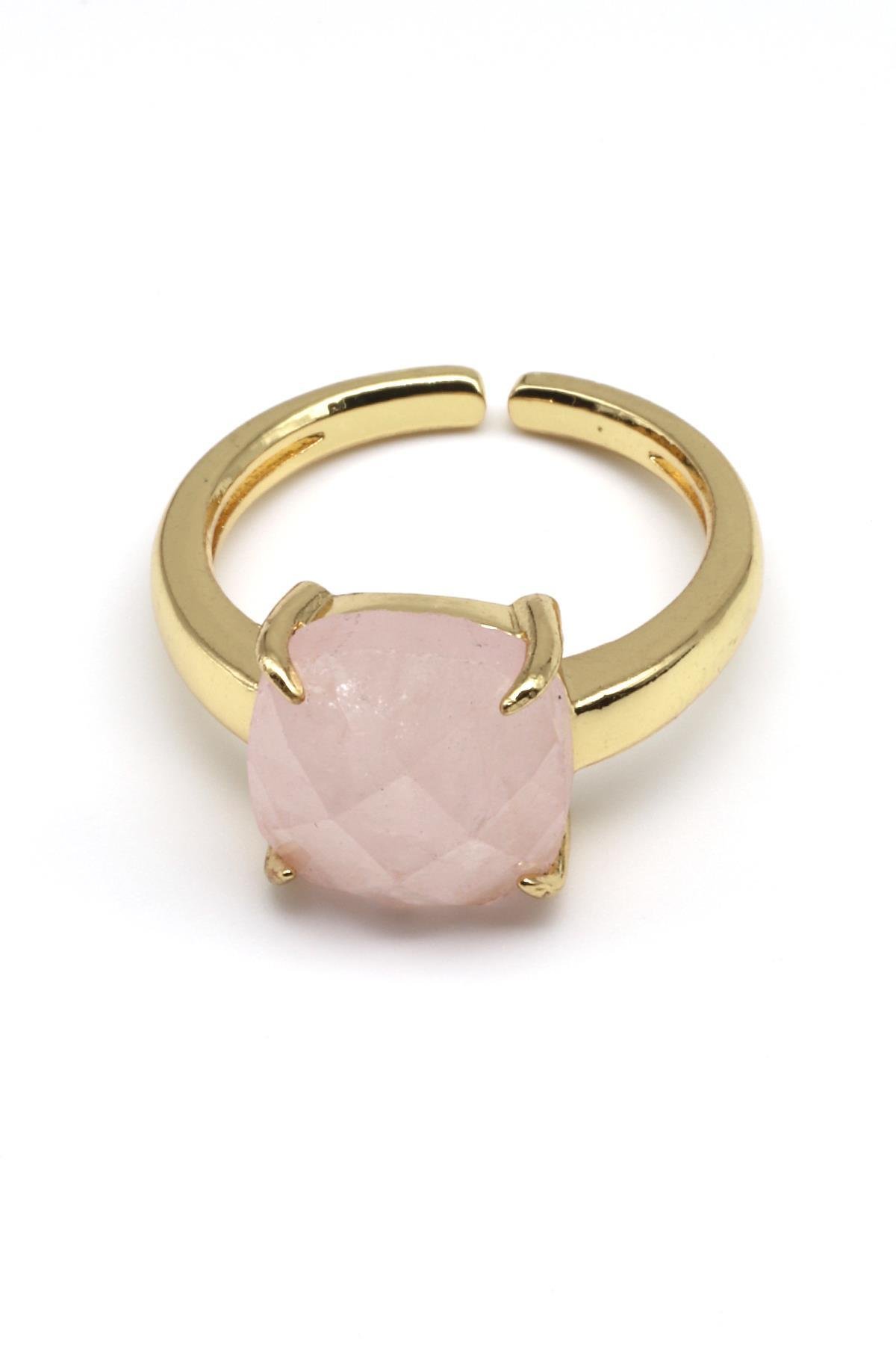 Pembe Kuvars Doğal Taş Ayarlanabilir Gold Renk Yüzük