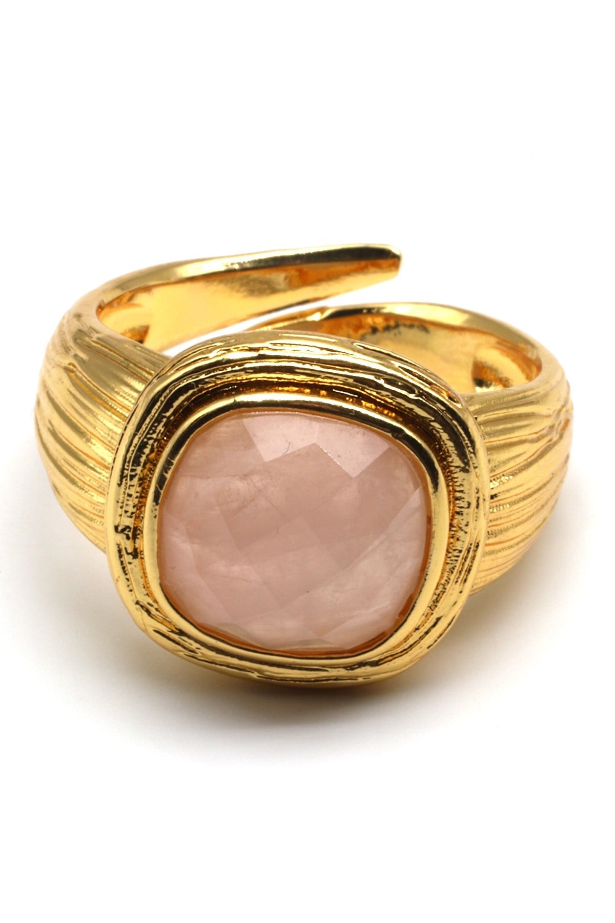 Pembe Kuvars Doğal Taş Ayarlanabilir Gold Renkli Yüzük - YZK-0168