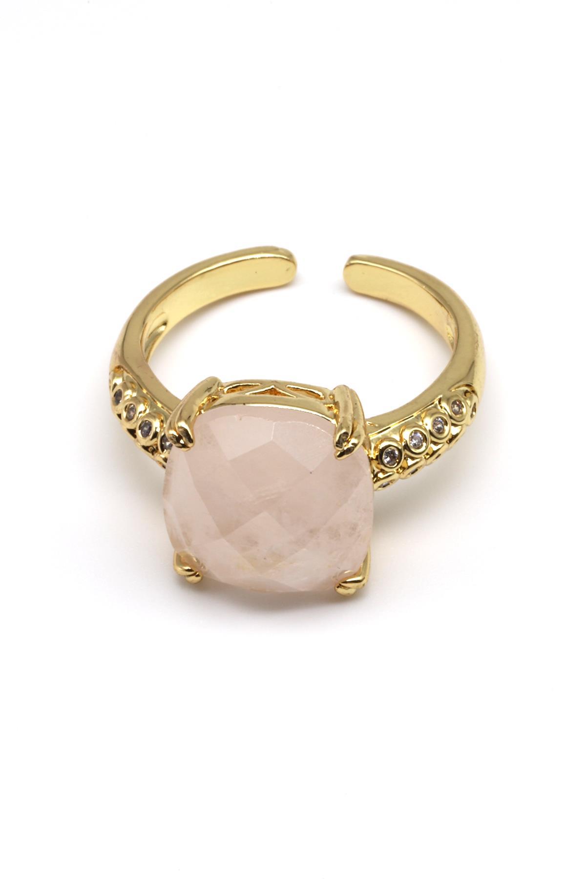 Pembe Kuvars Doğal Taş Ayarlanabilir Gold Renk Yüzük