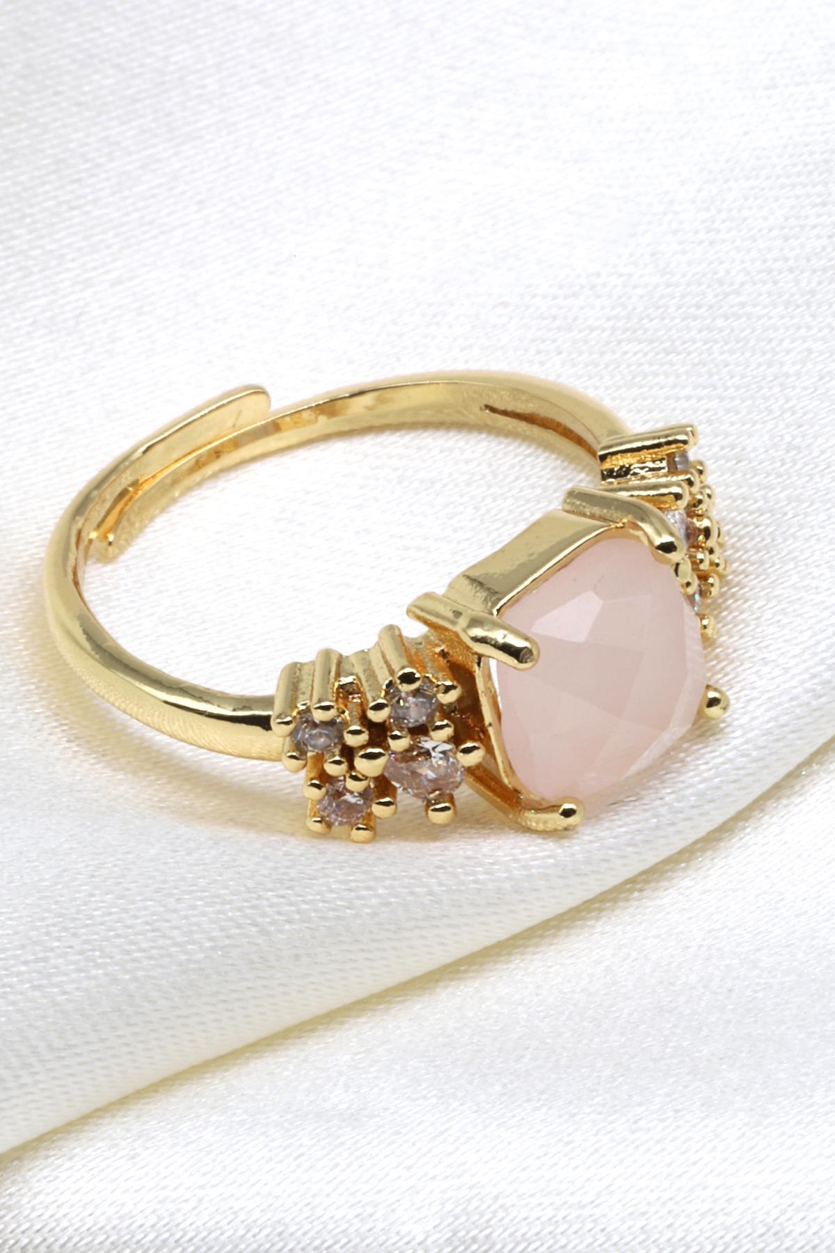 Pembe Kuvars Doğal Taş Ayarlanabilir Yüzük