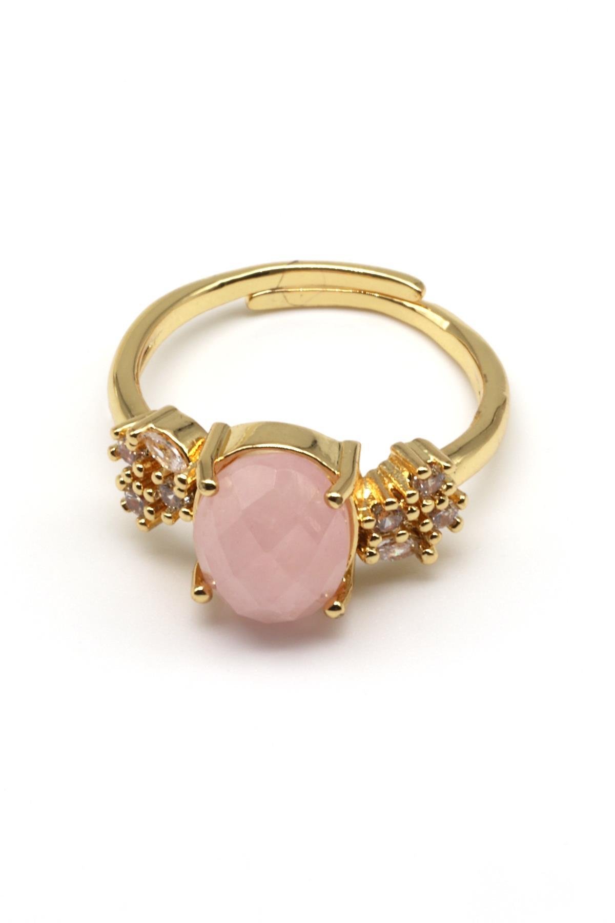 Pembe Kuvars Doğal Taş Ayarlanabilir Yüzük