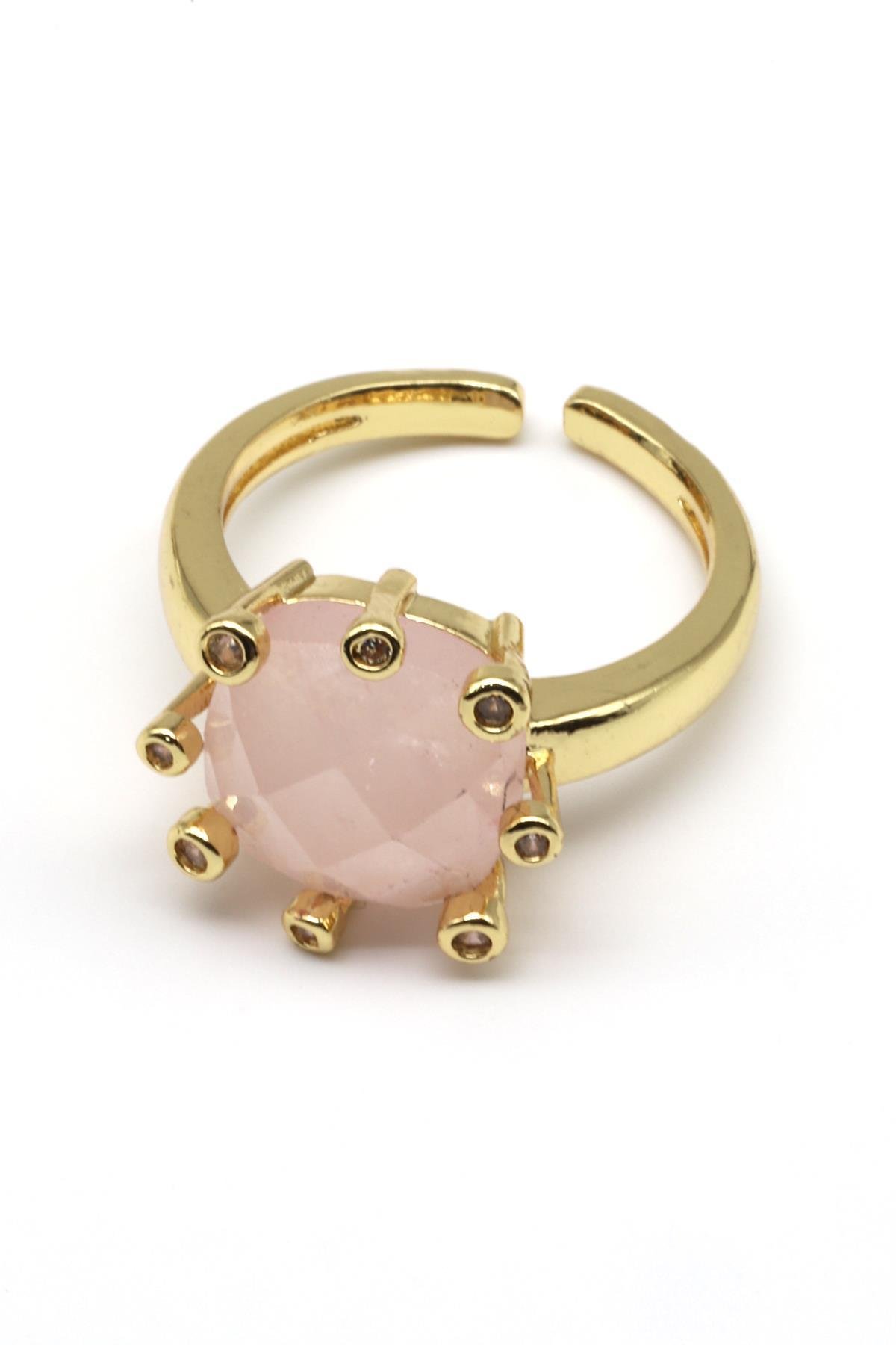 Pembe Kuvars Doğal Taş Ayarlanabilir Yüzük