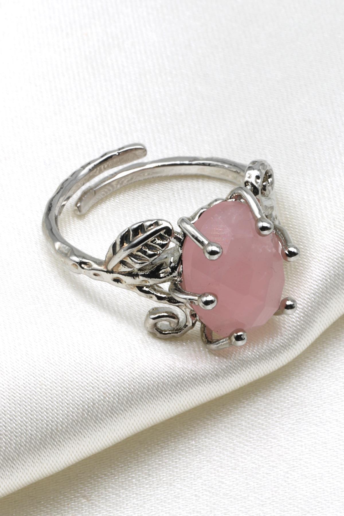 Pembe Kuvars Doğal Taş Ayarlanabilir Yüzük