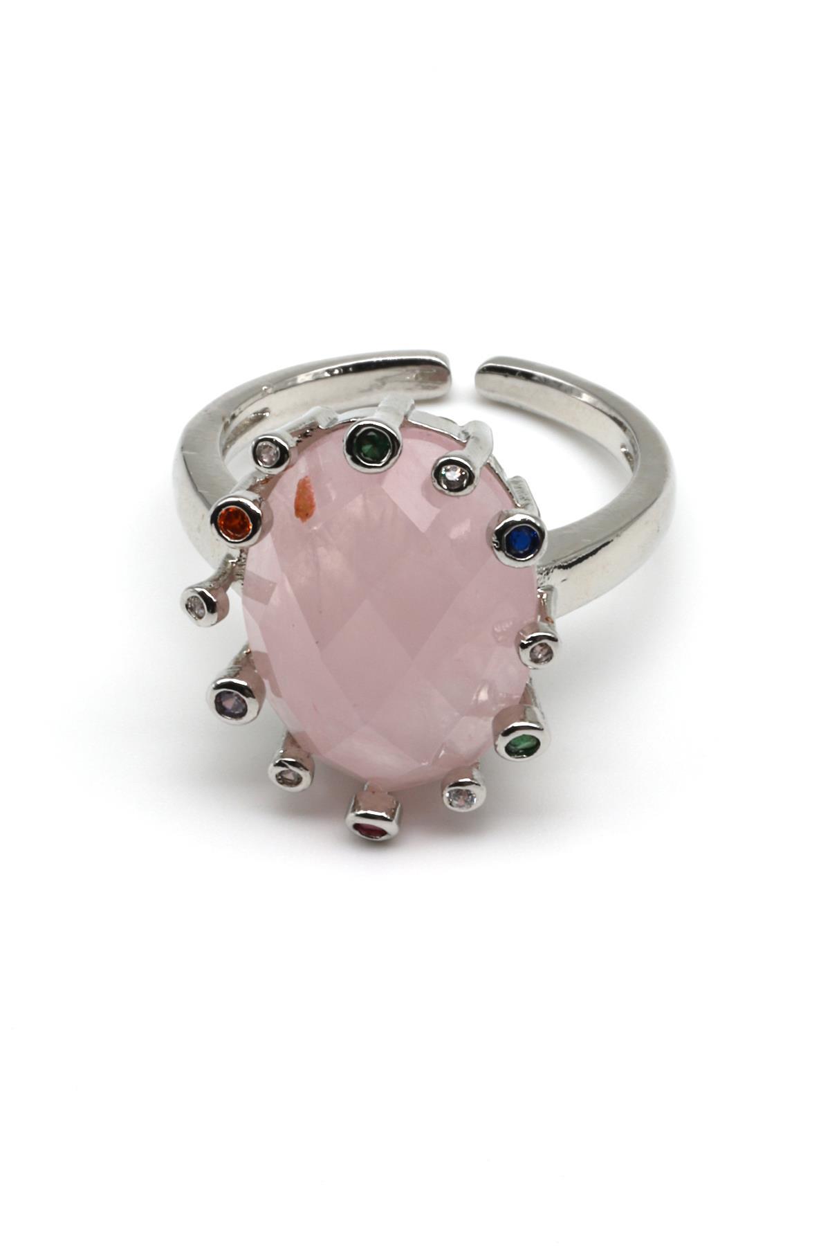 Pembe Kuvars Doğal Taş Ayarlanabilir Yüzük
