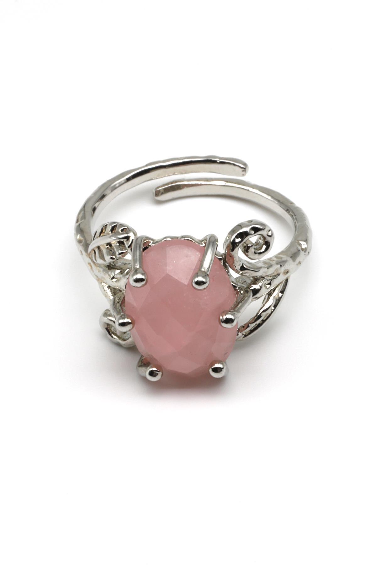 Pembe Kuvars Doğal Taş Ayarlanabilir Yüzük