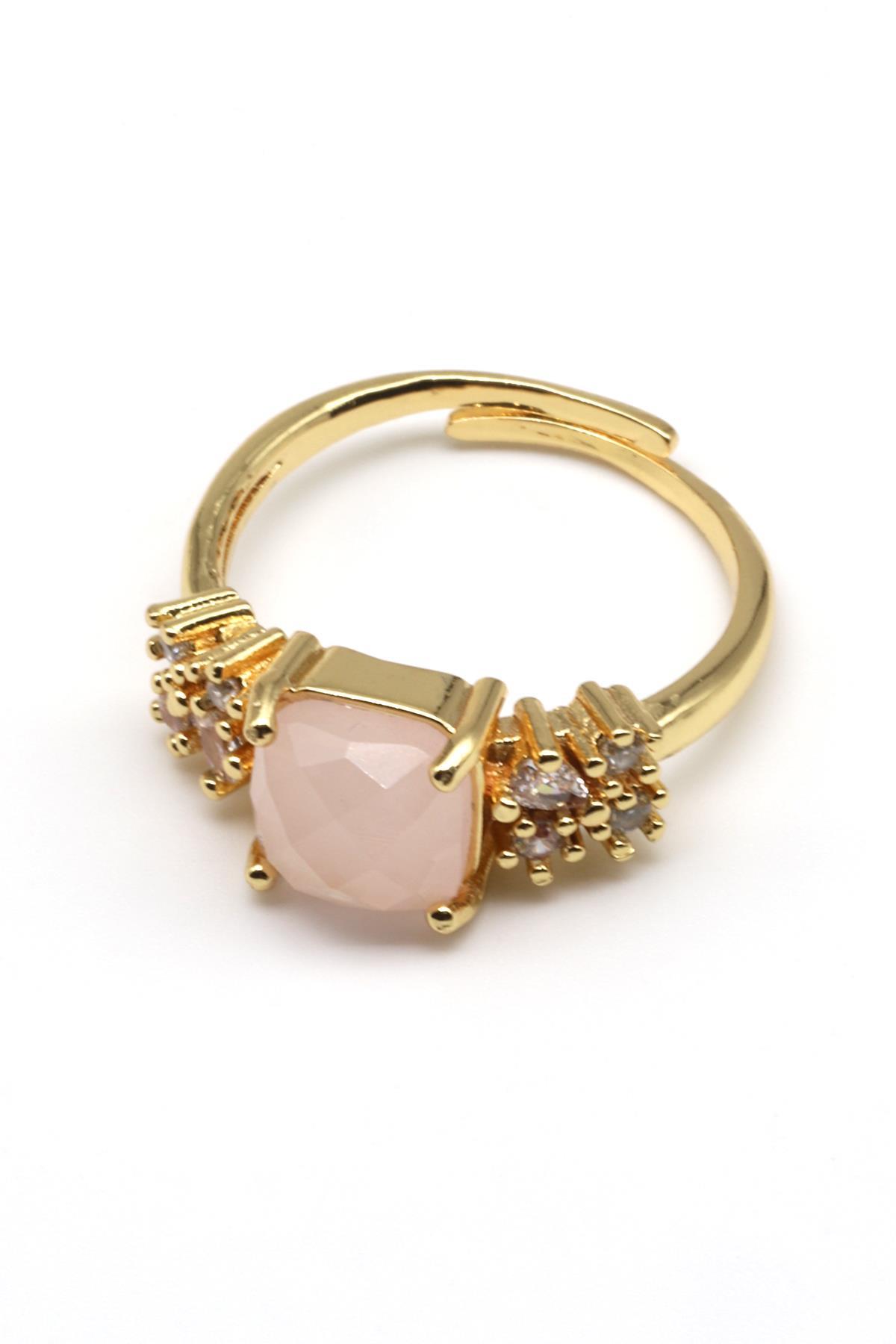 Pembe Kuvars Doğal Taş Ayarlanabilir Yüzük