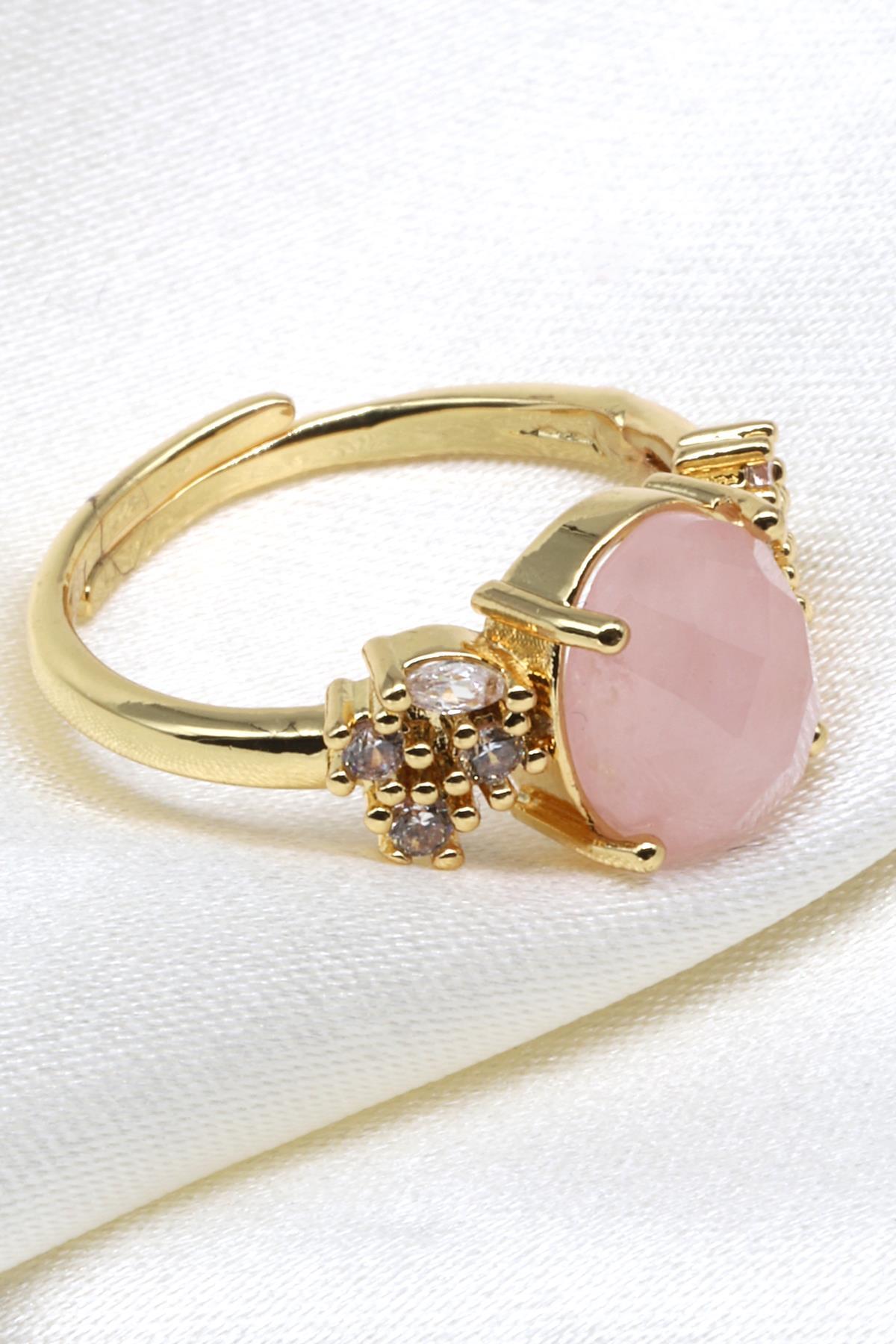 Pembe Kuvars Doğal Taş Ayarlanabilir Yüzük