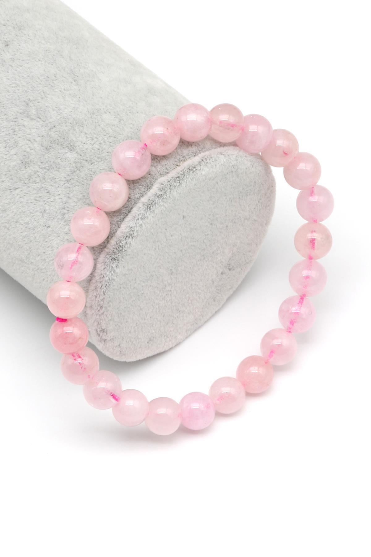Pembe Kuvars Doğal Taş Bileklik 8 mm Küre Kesim