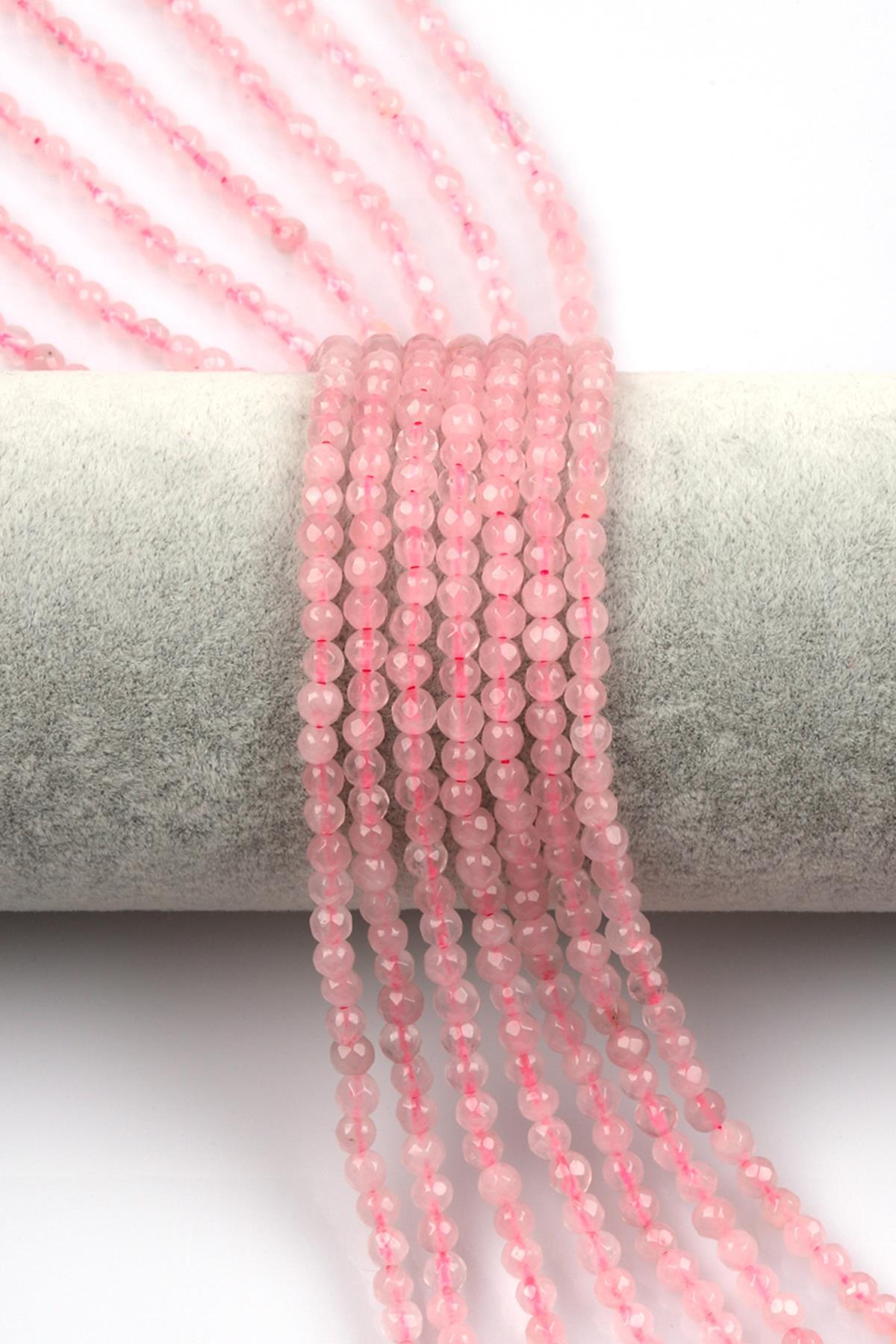 Pembe Kuvars Doğal Taş Dizi 4 mm Fasetli Küre Kesim