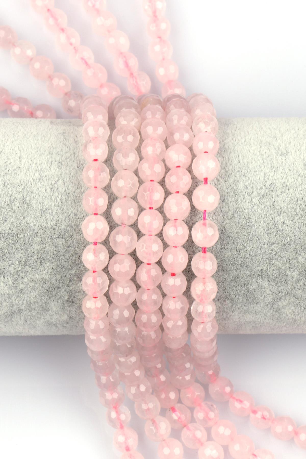 Pembe Kuvars Doğal Taş Dizi 6 mm Fasetli Küre Kesim