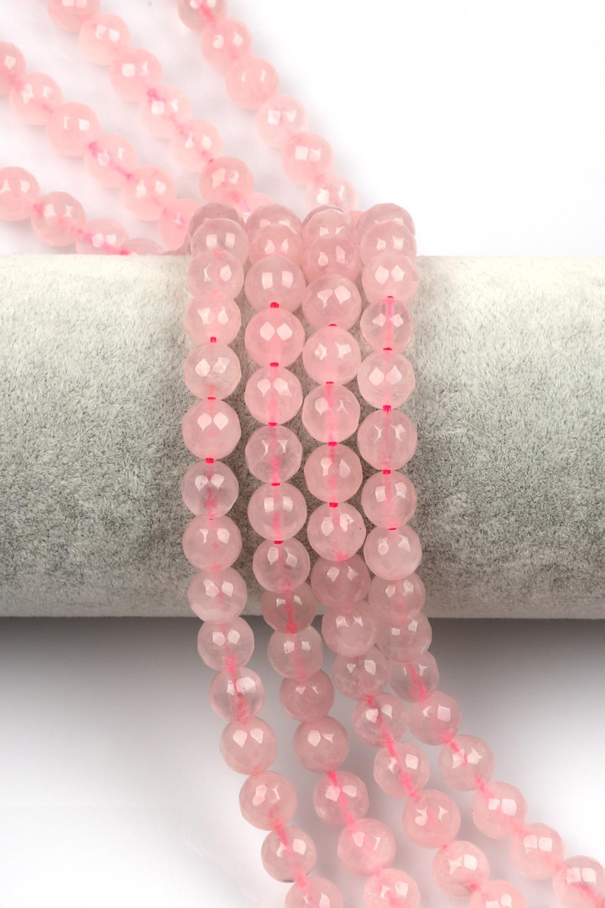 Pembe Kuvars Doğal Taş Dizi 8 mm Fasetli Küre Kesim