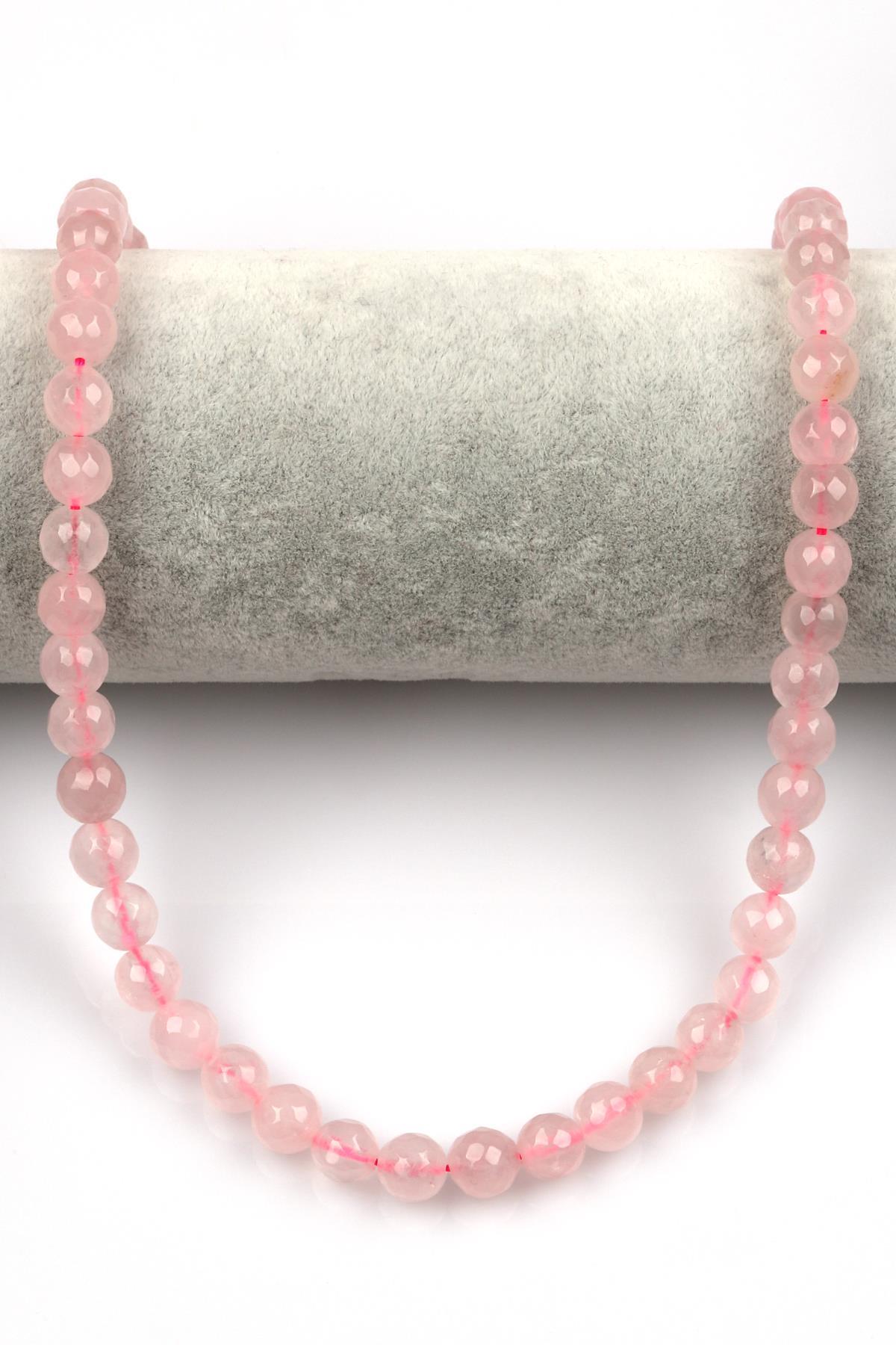 Pembe Kuvars Doğal Taş Dizi 8 mm Fasetli Küre Kesim