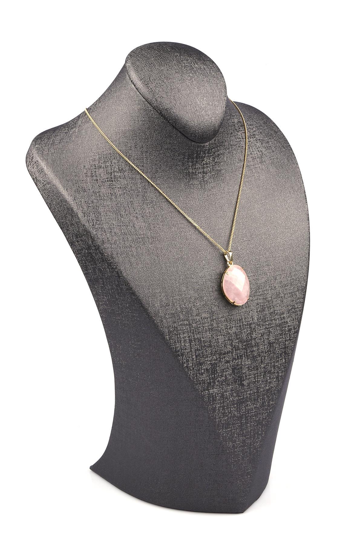 Pembe Kuvars Doğal Taş Gold Renkli Kolye