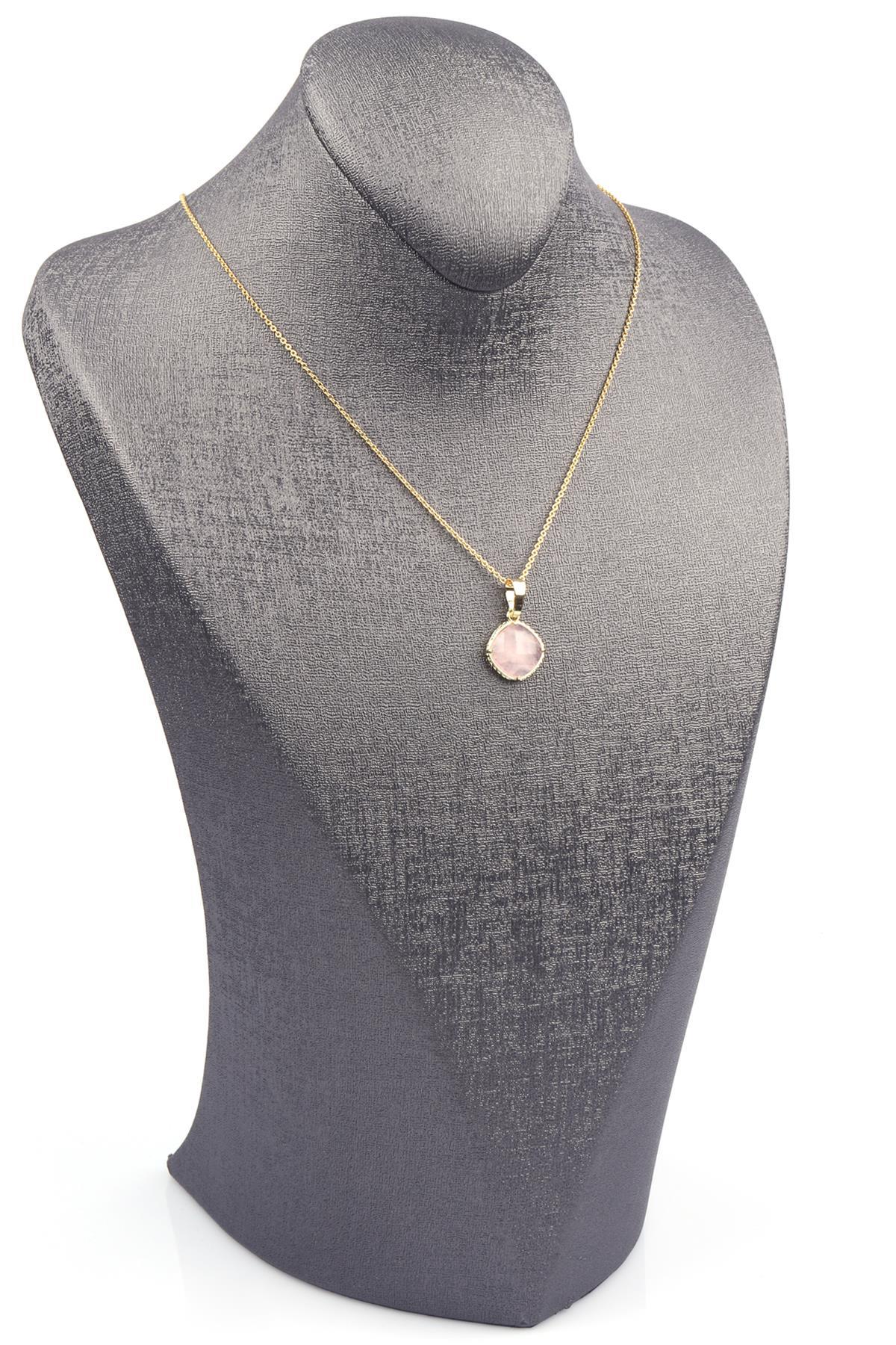 Pembe Kuvars Doğal Taş Gold Renkli Kolye