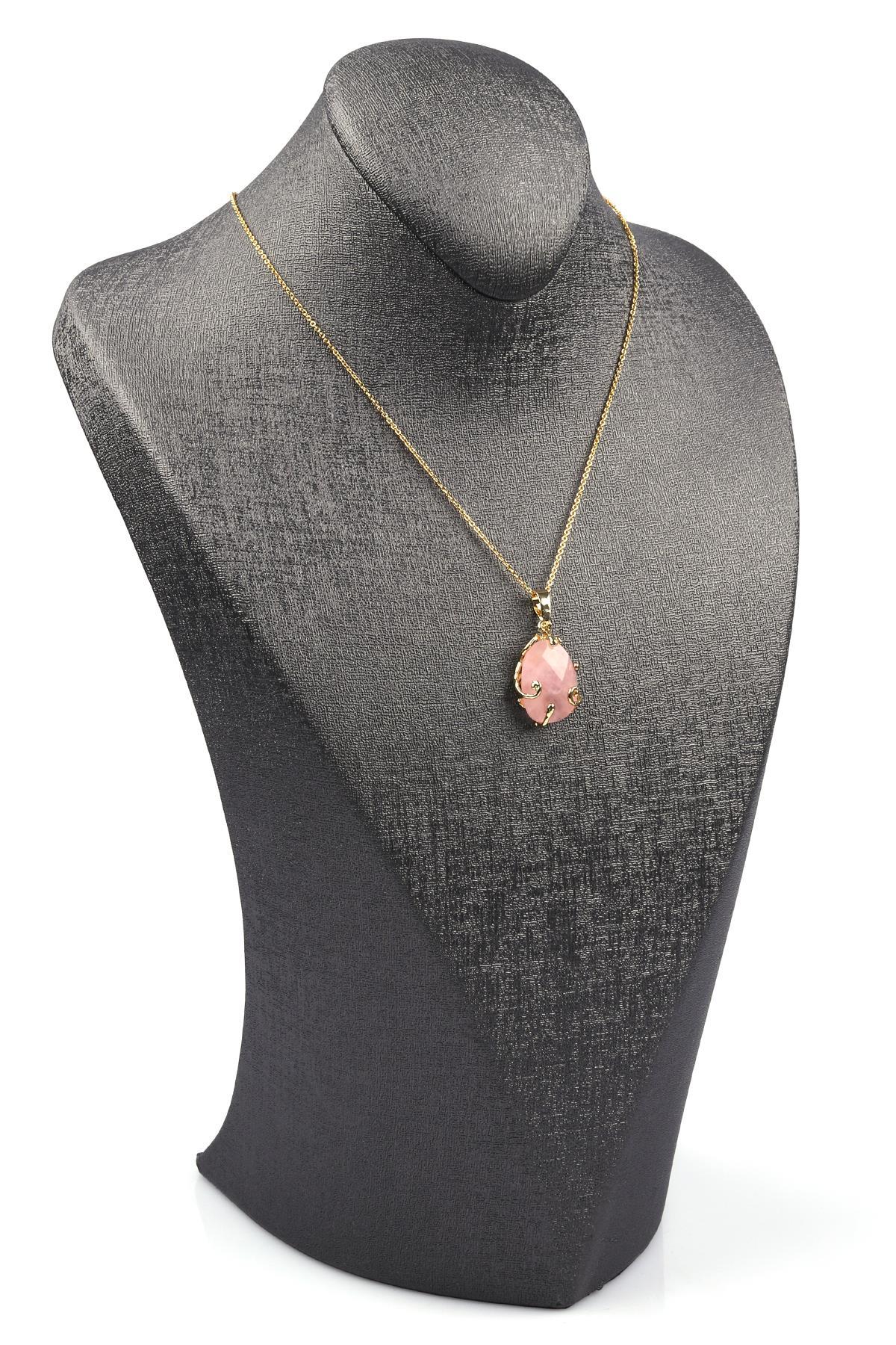 Pembe Kuvars Doğal Taş Gold Renkli Kolye